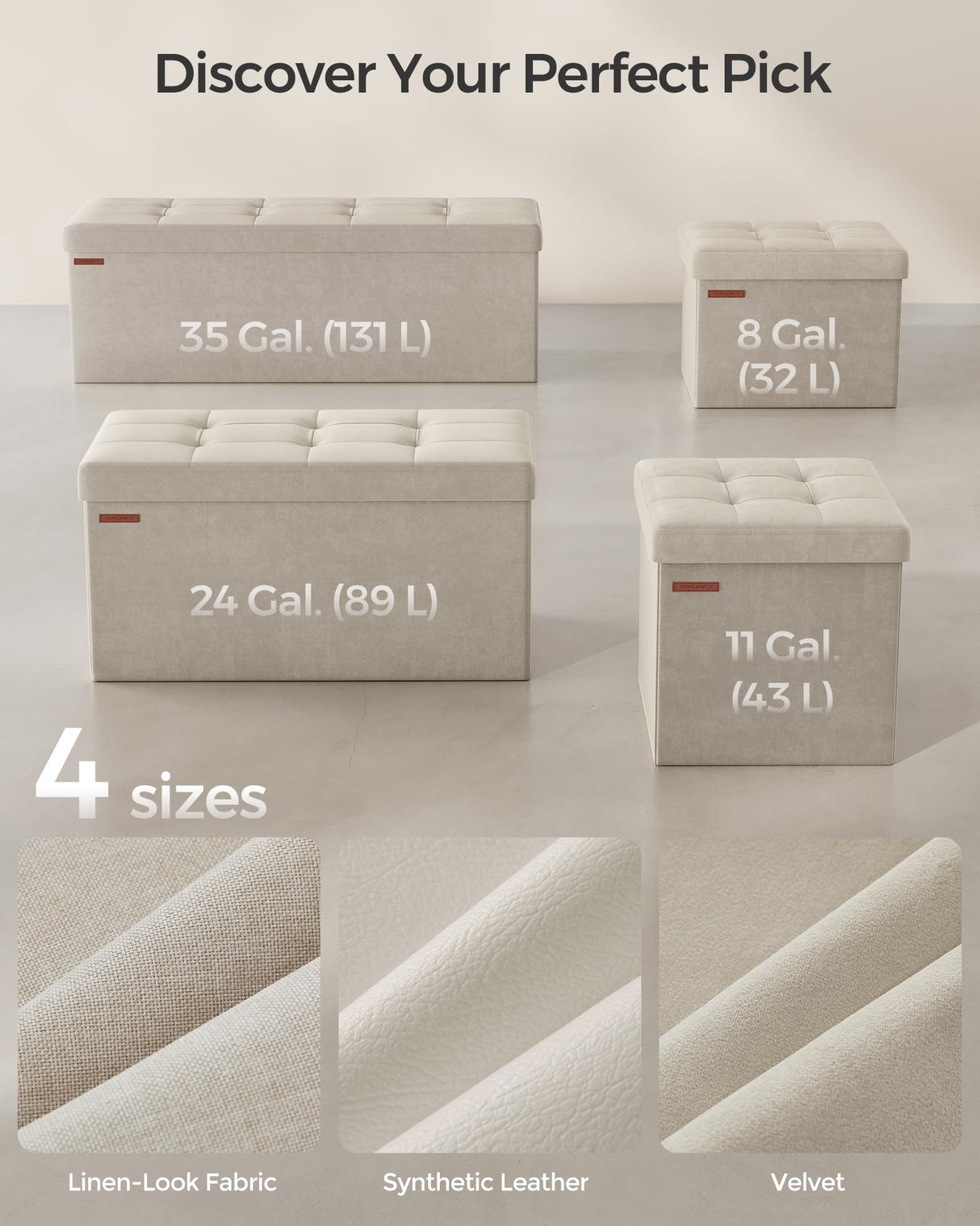 SONGMICS Storage Ottoman Bench, Foldable Ottoman Foot Rest, 15 x 43 x 15 Inches, End of Bed Bench, Storage Chest, Load up to 660 lb, for Living Room, Bedroom, Entryway, Cream White ULSF277W01 SONGMICS