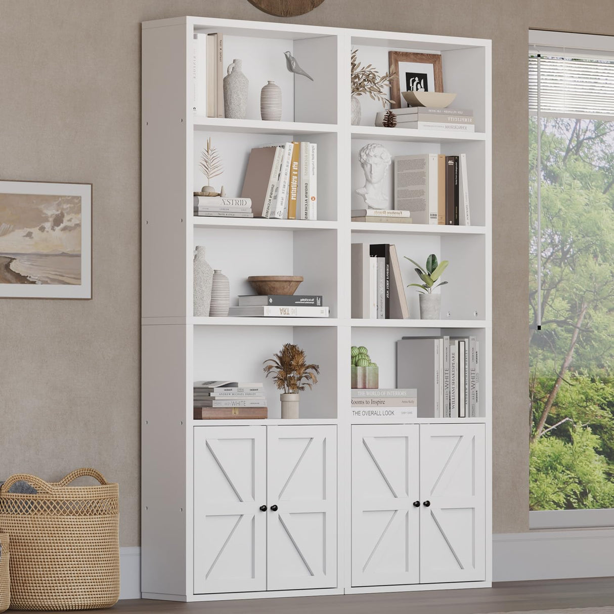 oneinmil 6 Tier Bookshelves and Bookcase with Doors Industrial Set of 2 Double Wide Floor Standing Book Shelf 71" Tall Display Shelves Bookshelf with Storage Cabinets for Living Room White oneinmil