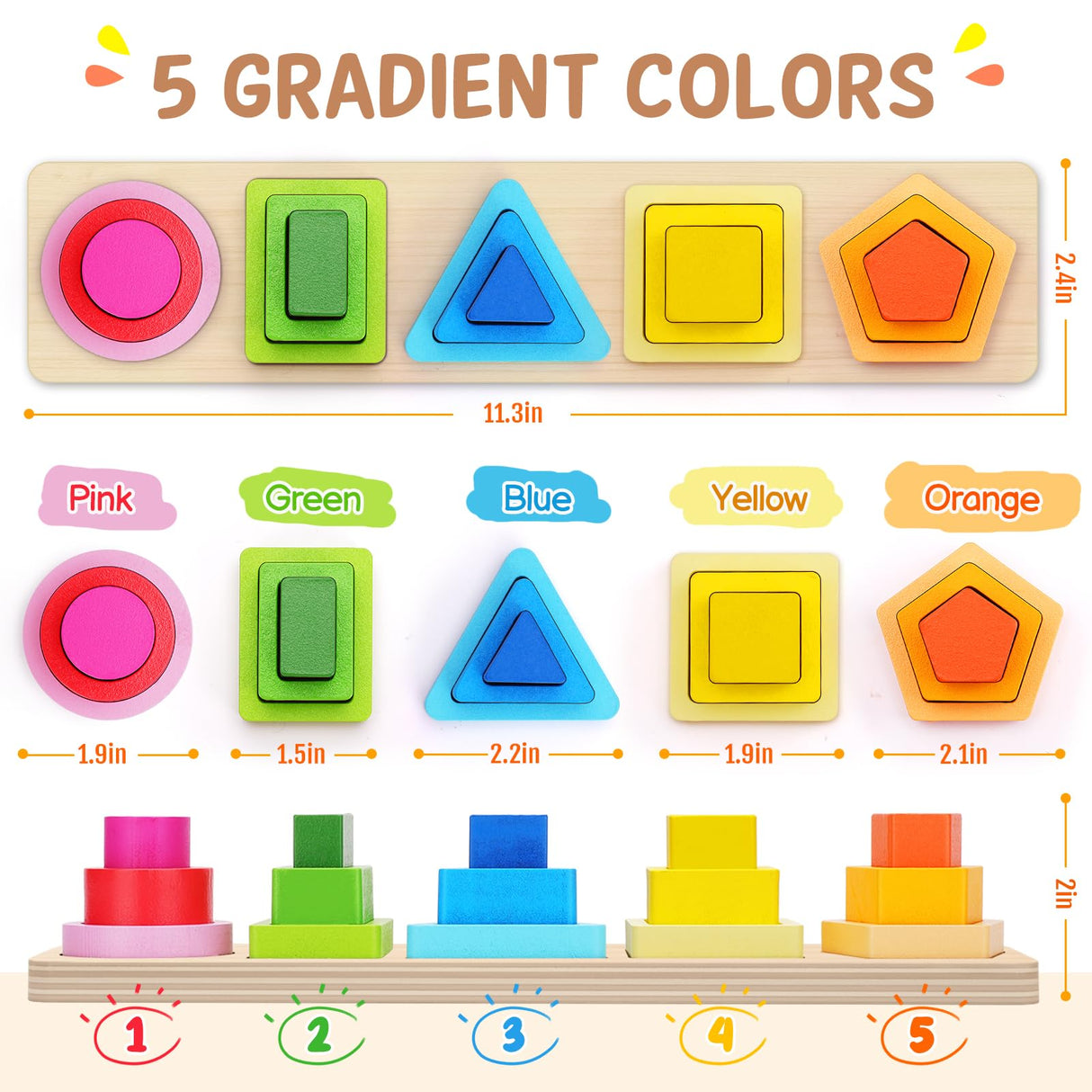 PEBIRA Montessori Toys for 1 2 3 Year Old Boys Girls Toddlers, Heightened Peg-free Wooden Stacking Toys, Shape Sorter Learning Toys, Birthday Gift for Baby Kid Age 1-4 Preschool Toy, Various Game Play PEBIRA