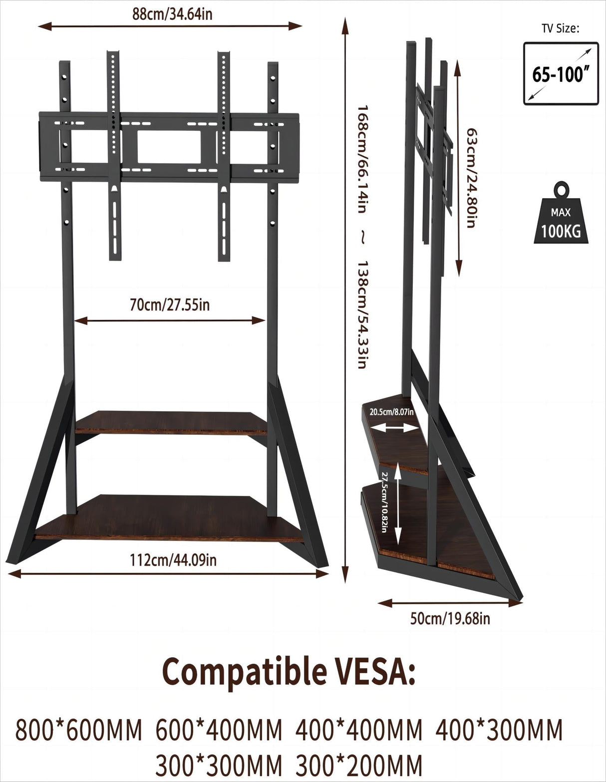 unho TV Stand with Mount, for 65 to 100 inch Large LCD/LED Flat Curved Screen Adjustable Heights Bracket Heavy Duty 2 Wooden Shelves Base VESA 800x600mm Max.Load Bearing 100kg unho