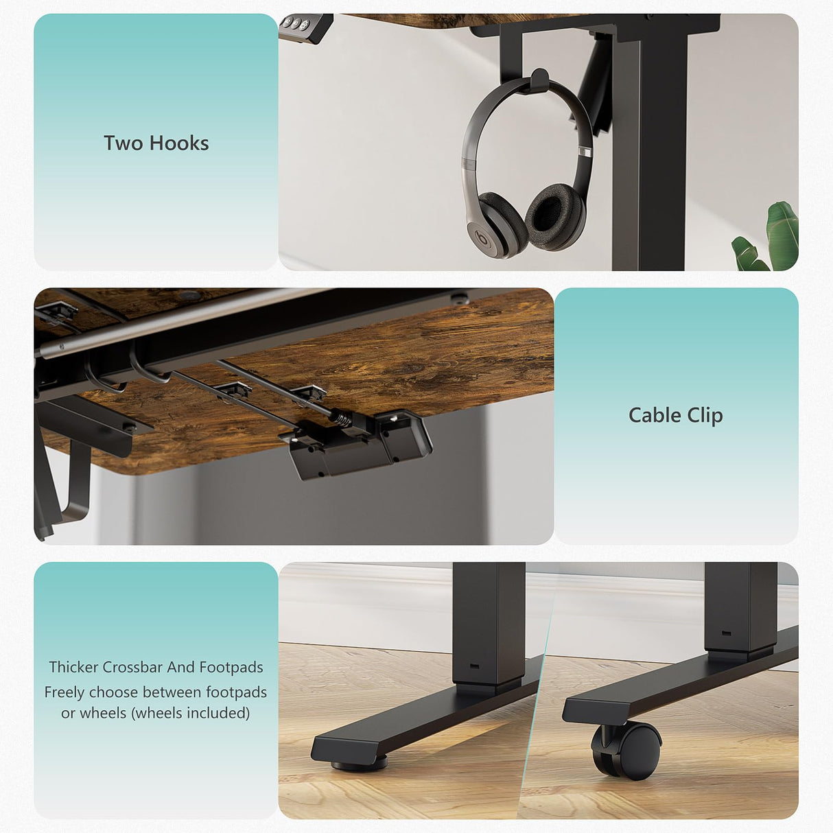 VVENACE 63 x 28 Electric Standing Desk Adjustable Height 4 Memory Preset, 4 Wheels, 2 Headphone Hook, Home Office Desk, Stand Up Sit Stand Desk Computer Table, Splice Board Rustic Brown VVENACE