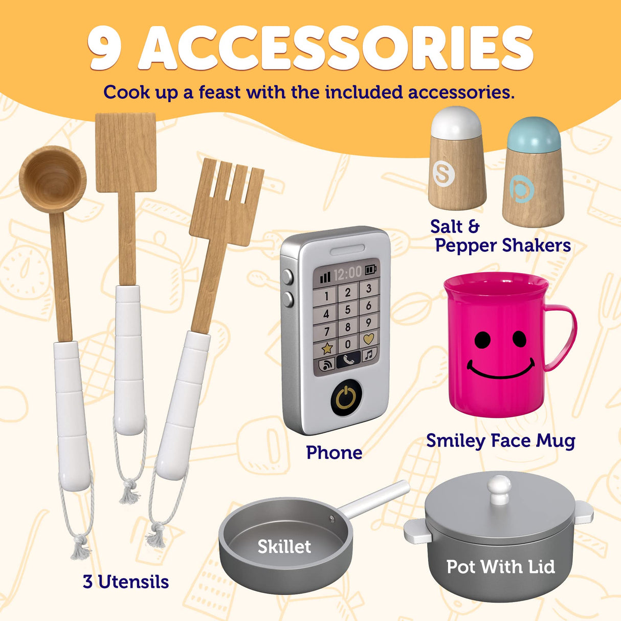 Play Kitchen - Wooden Kitchen Playset for Toddlers and Big Kids - Mini Pretend Toy for Boys and Girls with Cooking Stove, Oven, Pots, Pans, Phone, Microwave, Fridge, Sink, Utensils - Ages 3-8 KIDDERY TOYS