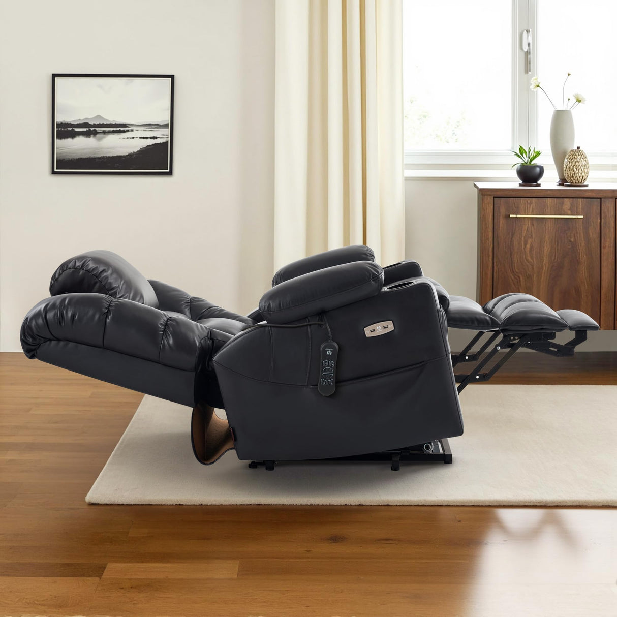 MCombo Large Triple Motor Power Lift Recliner Chair with Massage and Dual Heating, Adjustable Headrest for Tall Elderly People, Faux Leather 7634 (Black, Large) MCombo