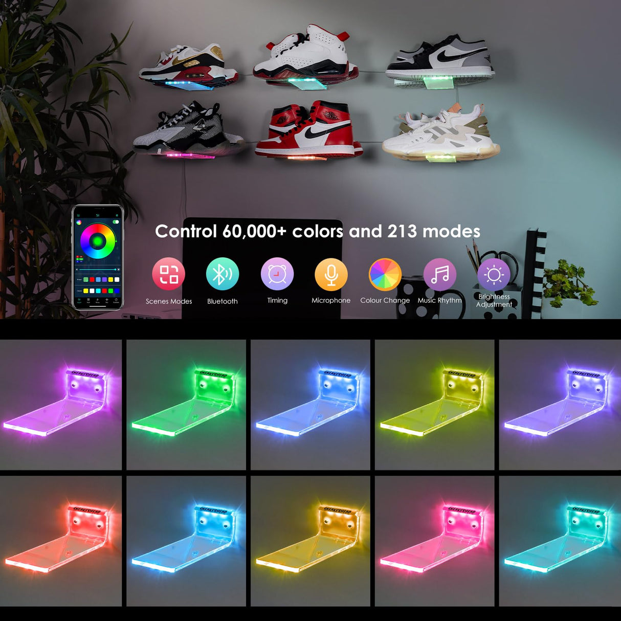 OAPRIRE LED Floating Shoe Display 6-Pack with Remote and App Controls, Music Sync Color Changing Shoe Shelf for Wall, RGB Color Changing Levitating Hanging Shoe Rack, Display Your Top Shoes OAPRIRE