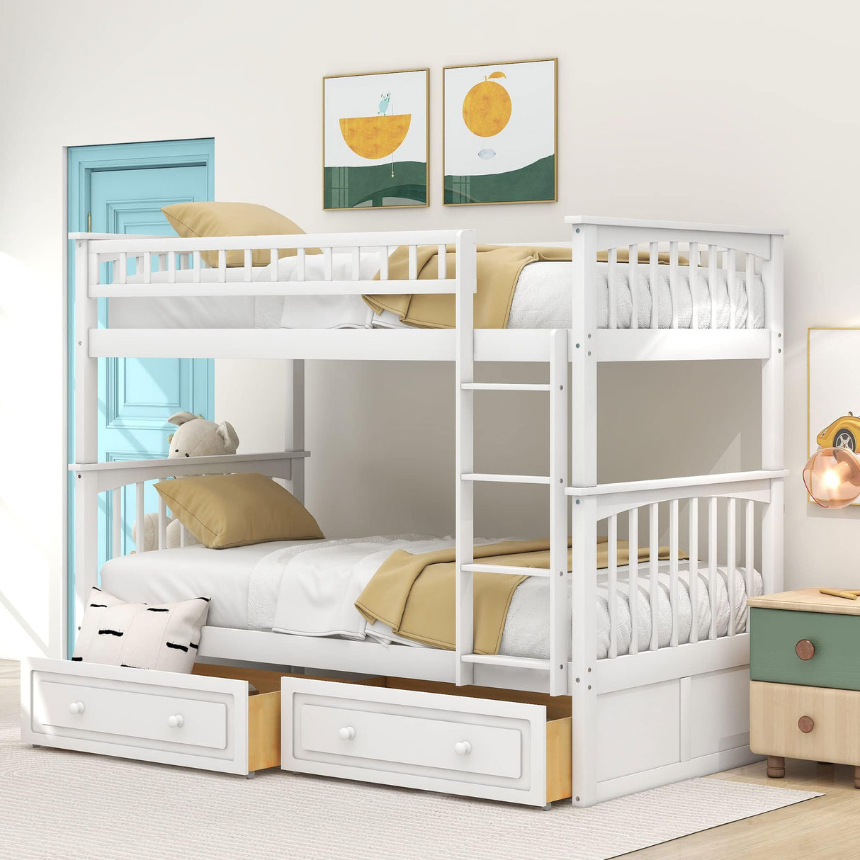 Harper & Bright Convertible Wood Twin-Over-Twin Bunk Bed with Storage Drawers and Ladder - Can Be Divided Into Two Daybeds (White) Harper & Bright Designs
