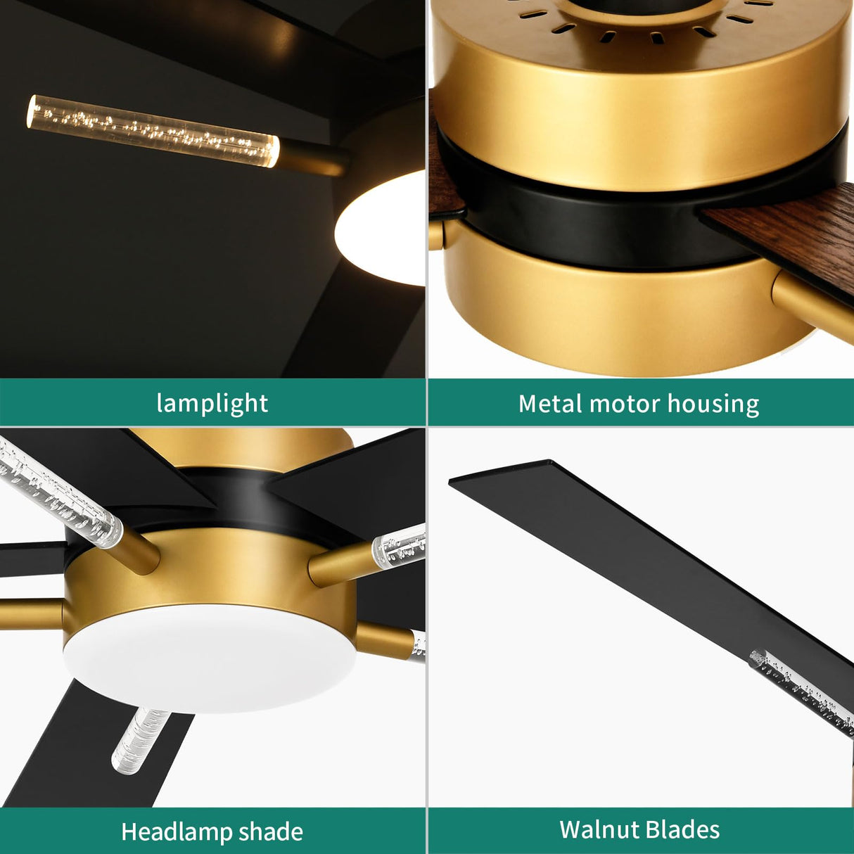 YITAHOME 60 Inch Ceiling Fan with Light and Remote, 5 Blades with Crystal Rod Design, Modern Chandelier Ceiling Fan with Reversible Quiet Motor, Indoor Ceiling Fan with 3 LED Colors, Black&Gold YITAHOME