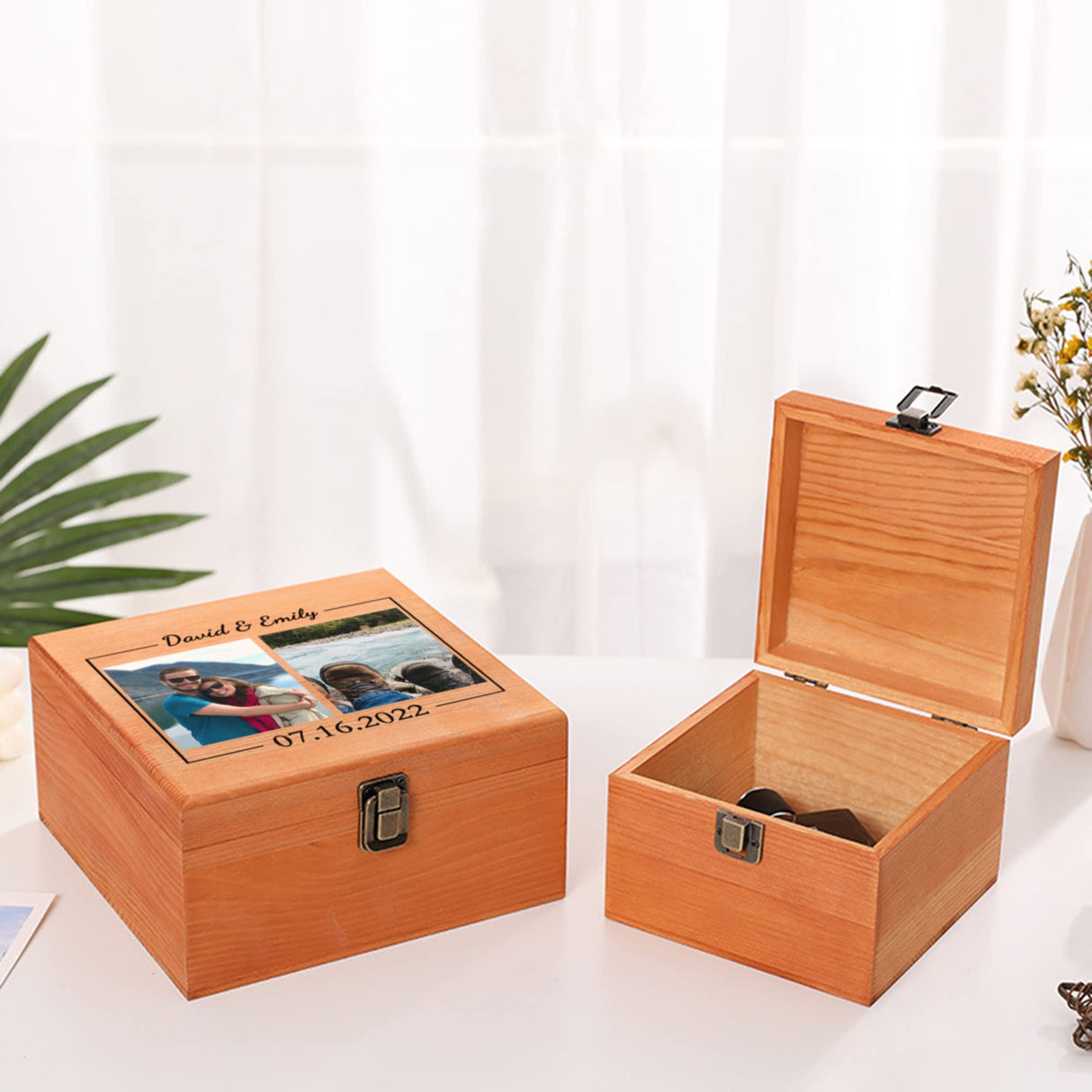 Cooayyaooc Personalized Memory Box with Photo & Text Custom Wooden Keepsake Box with Lids Wood Storage Box Customized Picture, Gifts for Wedding Cooayyaooc