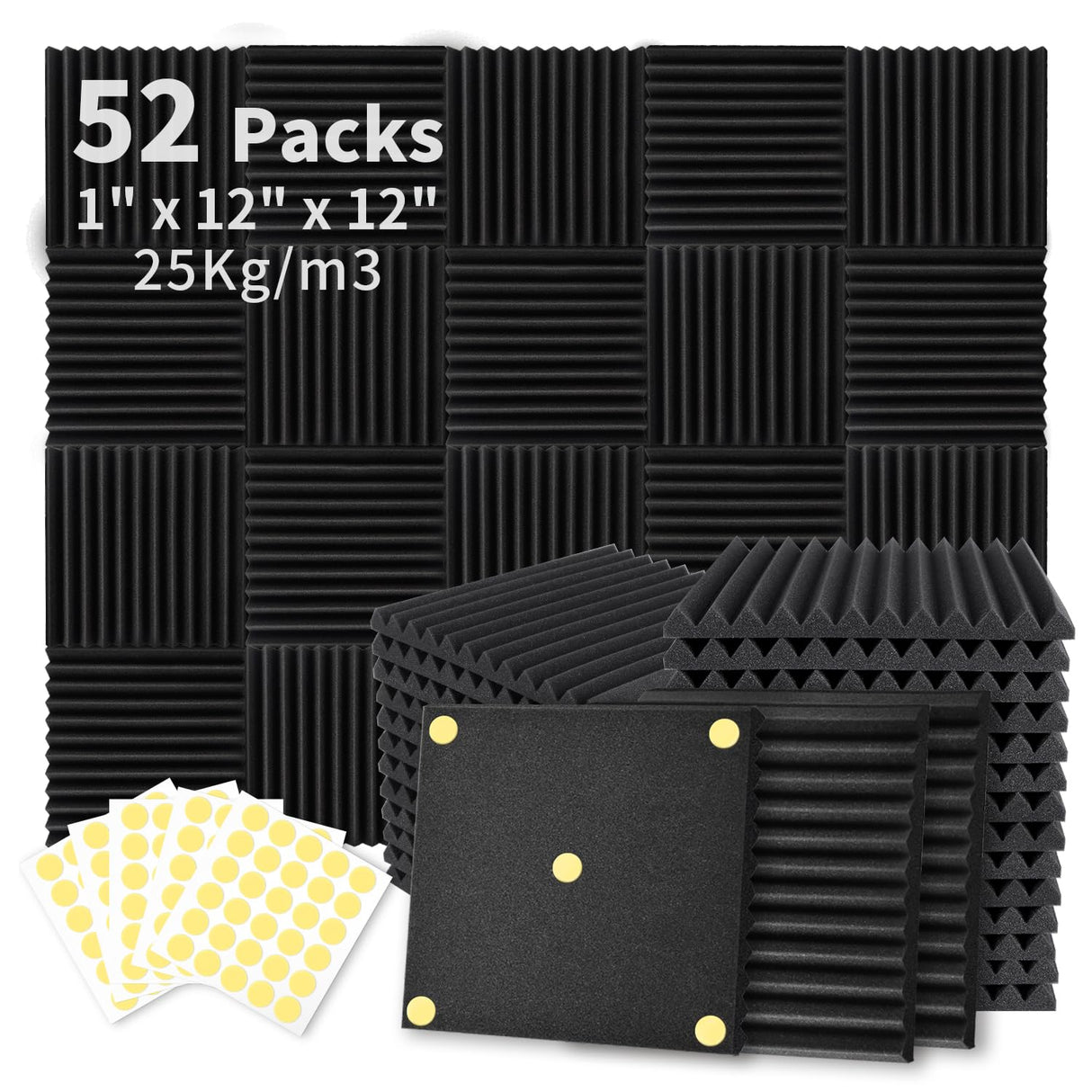 Focusound 52 Pack Acoustic Foam Panels 1" x 12" x 12" Sound Proof Foam Panles Soundproofing Noise Cancelling Wedge Panels for Home Office Recoding Studio with 300PCS Double-Side Adhesive Focusound