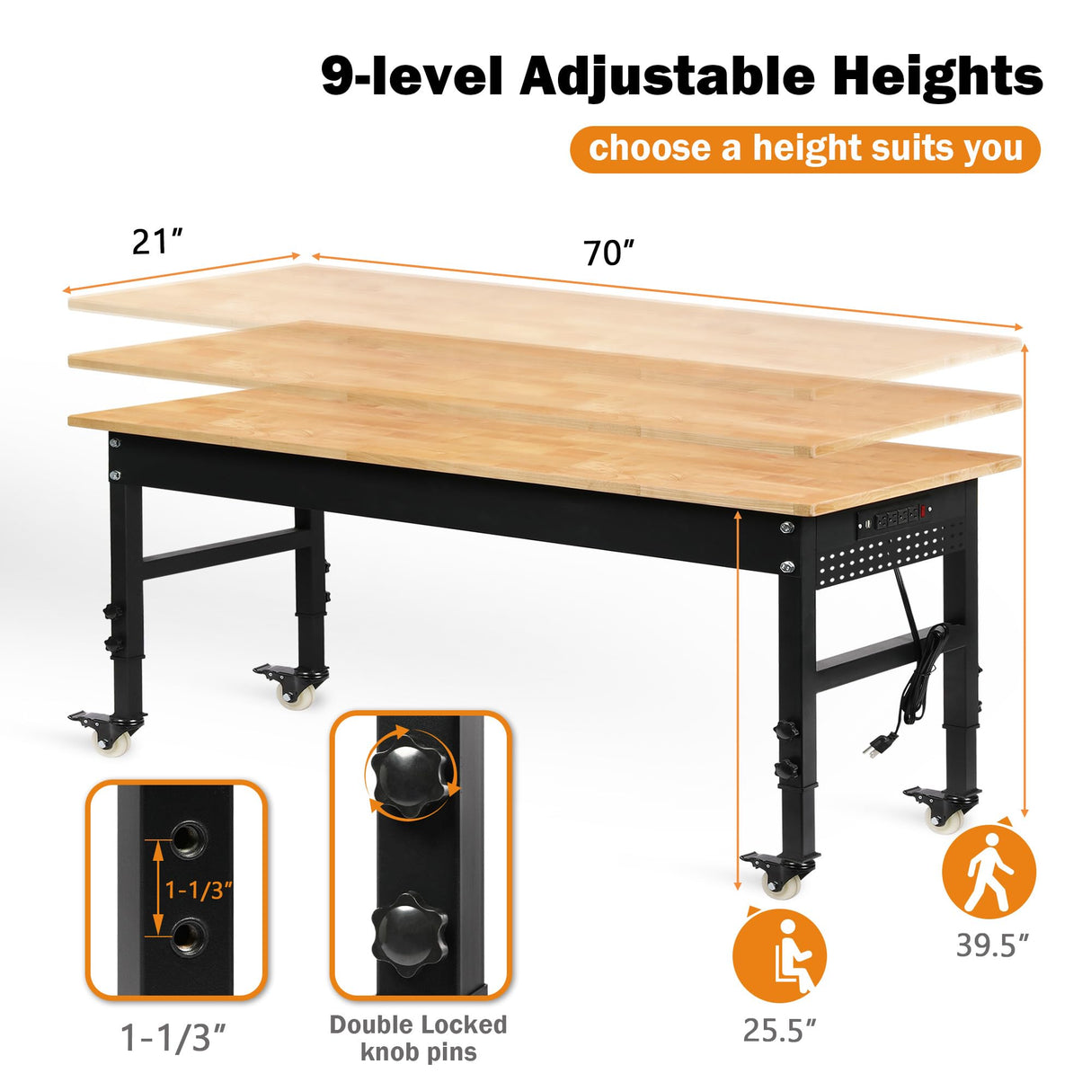 Betterhood 70" Adjustable Workbench on Wheels, 2000 LBS Heavy Duty Work Table with Power Outlets & Pegboard, Rubber Wood Workstation for Garage, Workshop, Office, Home, Commercial Betterhood
