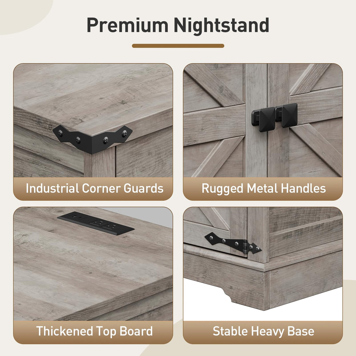 RALGEND Farmhouse End Table with Charging Station, 24'' Sofa Side Table with 2 Drawers and Barn Door, Large Rustic Wooden Square Nightstand for Bedroom, Living Room, Greige RALGEND