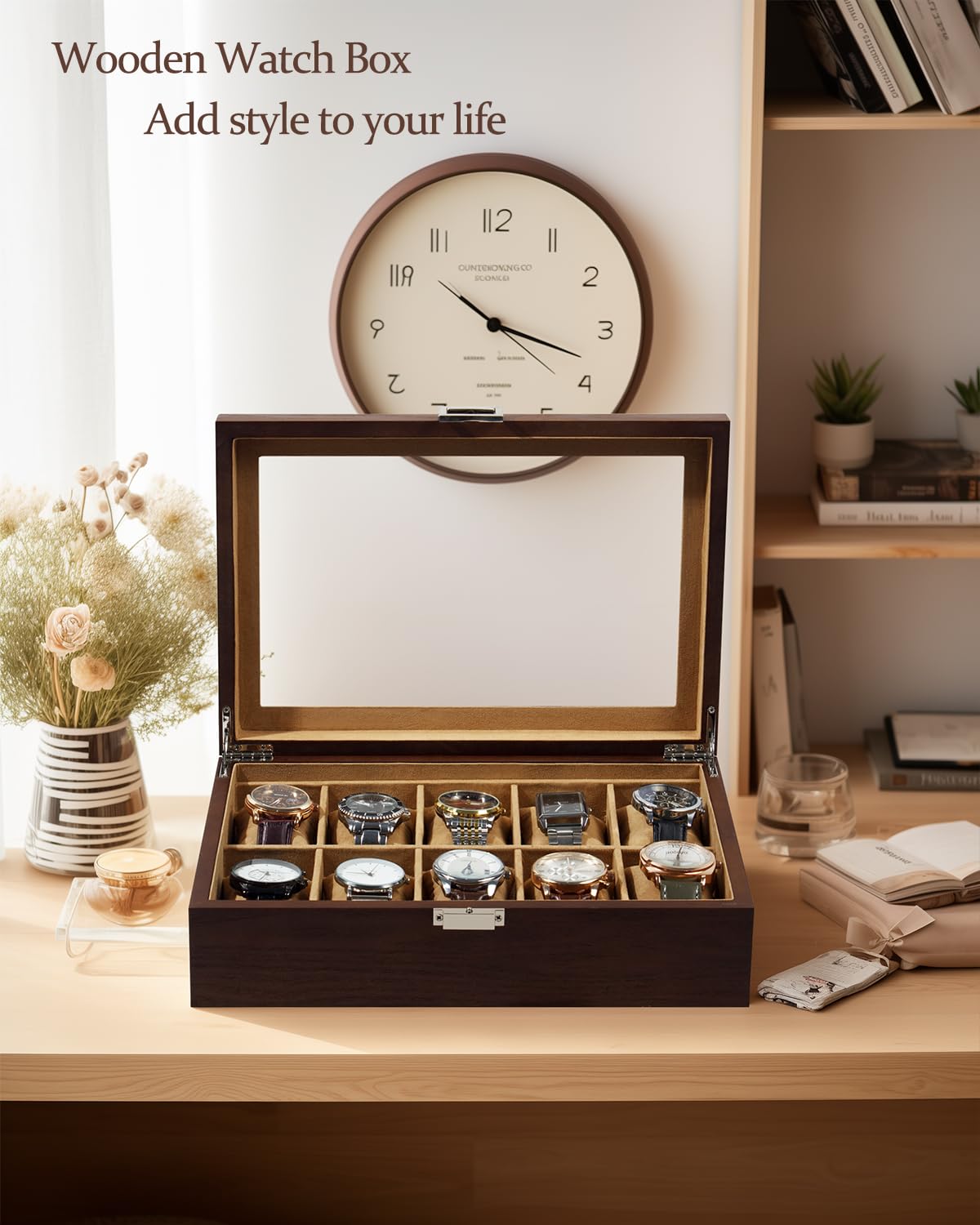 GUKA Watch Box, 10 Slot Watch Case with Real Glass Lid, Wood Watch Display Case with Cloth Watch Pillow, Watch Storage Box for Men and Women, Brown GUKA
