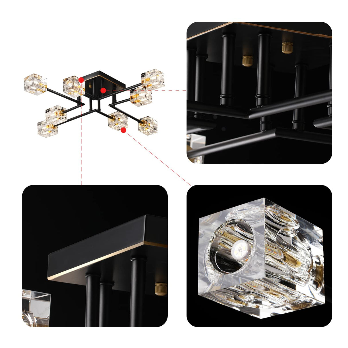 OKES 8-Lights Semi Flush Mount Ceiling Light Fixture,Black and Gold Modern Crystal Chandeliers,Farmhouse Lighting Fixtures for Dining Room Living Room Kitchen Bedroom Entryway OKES