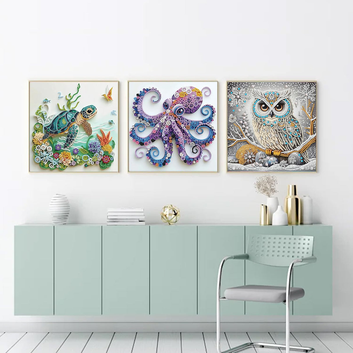 6 Pack Sea Turtle Octopus Owl Animal Special Shape Diamond Art Kits for Adults, 5D Diamond Painting Kits for Beginner, DIY Diamond Crystal Rhinestones Painting Kits for Home Wall Decor Gift 12X12 inch Fairyland JinWenn