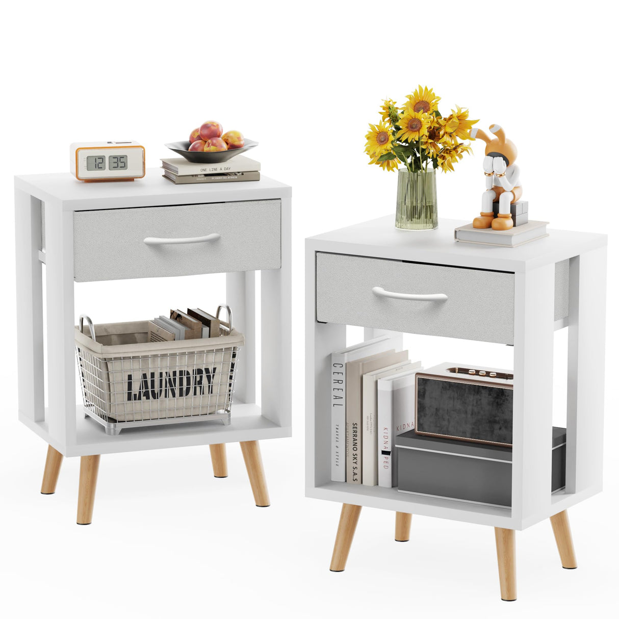 GYIIYUO Nightstands Set of 2 with Fabric Storage Drawer and Open Wood Shelf, Side Table with Storage for Bedroom, Night Stand with Drawer for Bedroom, Bedside Tables - White 24" H GYIIYUO