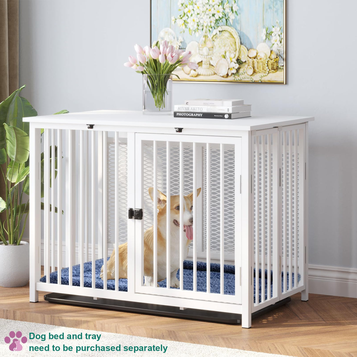 UMXES Heavy Duty Dog Crate Furniture, Fully Assembled exc. Locks, All Metal Frame & Wooden Tabletop, Modern Kennel for Small/Medium Dog, End Table, Sturdy, Foldable, White UMXES