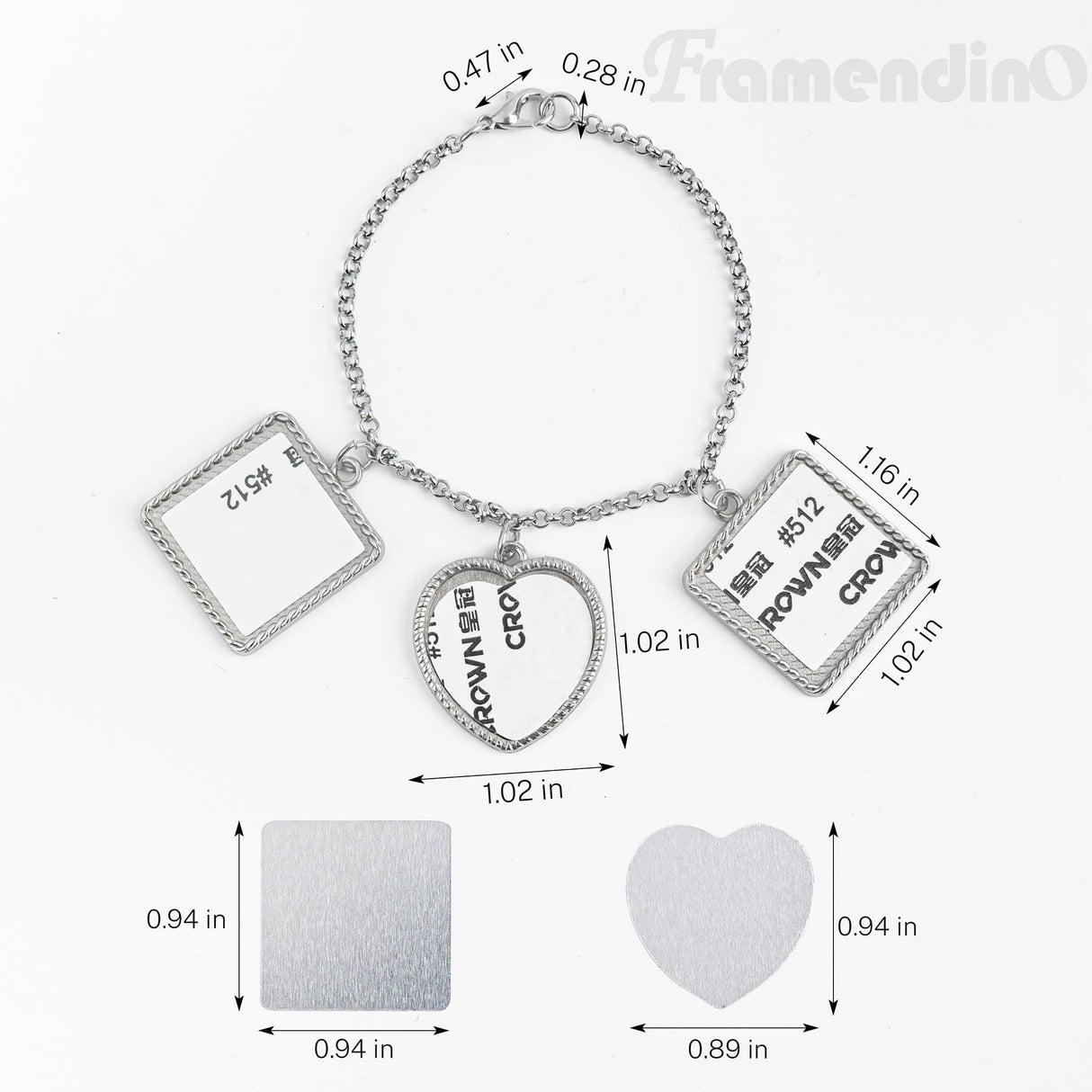Framendino, 5 Set Sublimation Bracelets Blanks Heat Transfer Bracelet Adjustable Heart Square Photo Bezel Tray Craft Setting for Women Framendino