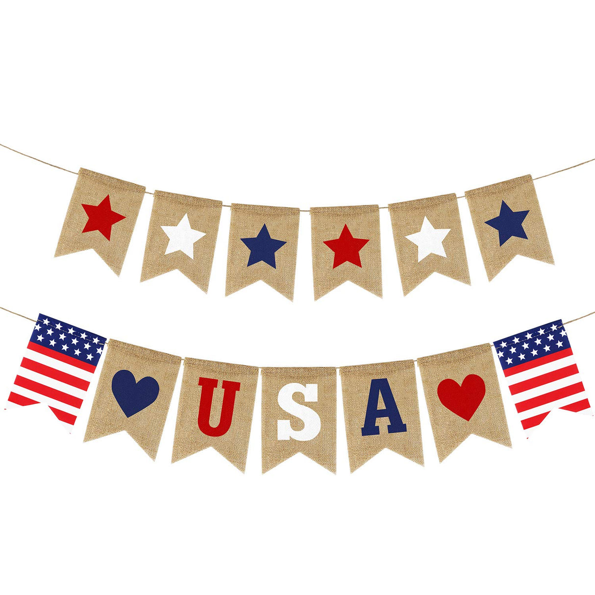 USA Banner Burlap 4th of July Decorations Rustic Patriotic Banner Red White Blue Stars Bunting Garland for President Day 4th of July Party Supplies 4th of July Patriotic Outdoor Indoor hanging Decor Partyprops