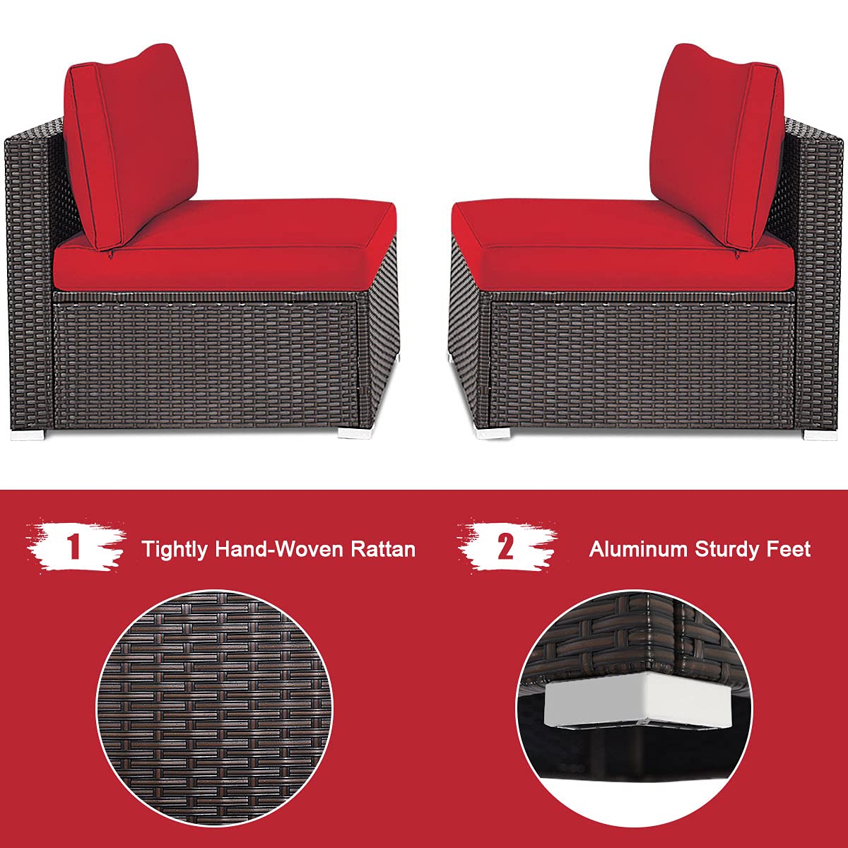 DORTALA 2 Piece Wicker Sectional Armless Chairs, Outdoor Rattan Sectional Sofa Set w/Cushions for Seat and Back, Additional Seats for Garden Balcony Patio Poolside, Red DORTALA