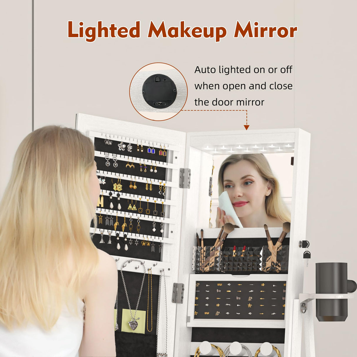 TJYGO 360° Swivel Jewelry Cabinet with Mirror, 6 LED Lights, Rotatable Full Length Mirror with Jewelry Storage Shelf, Standing Jewelry Armoire Organizer, Foldable Makeup Shelf TJYGO