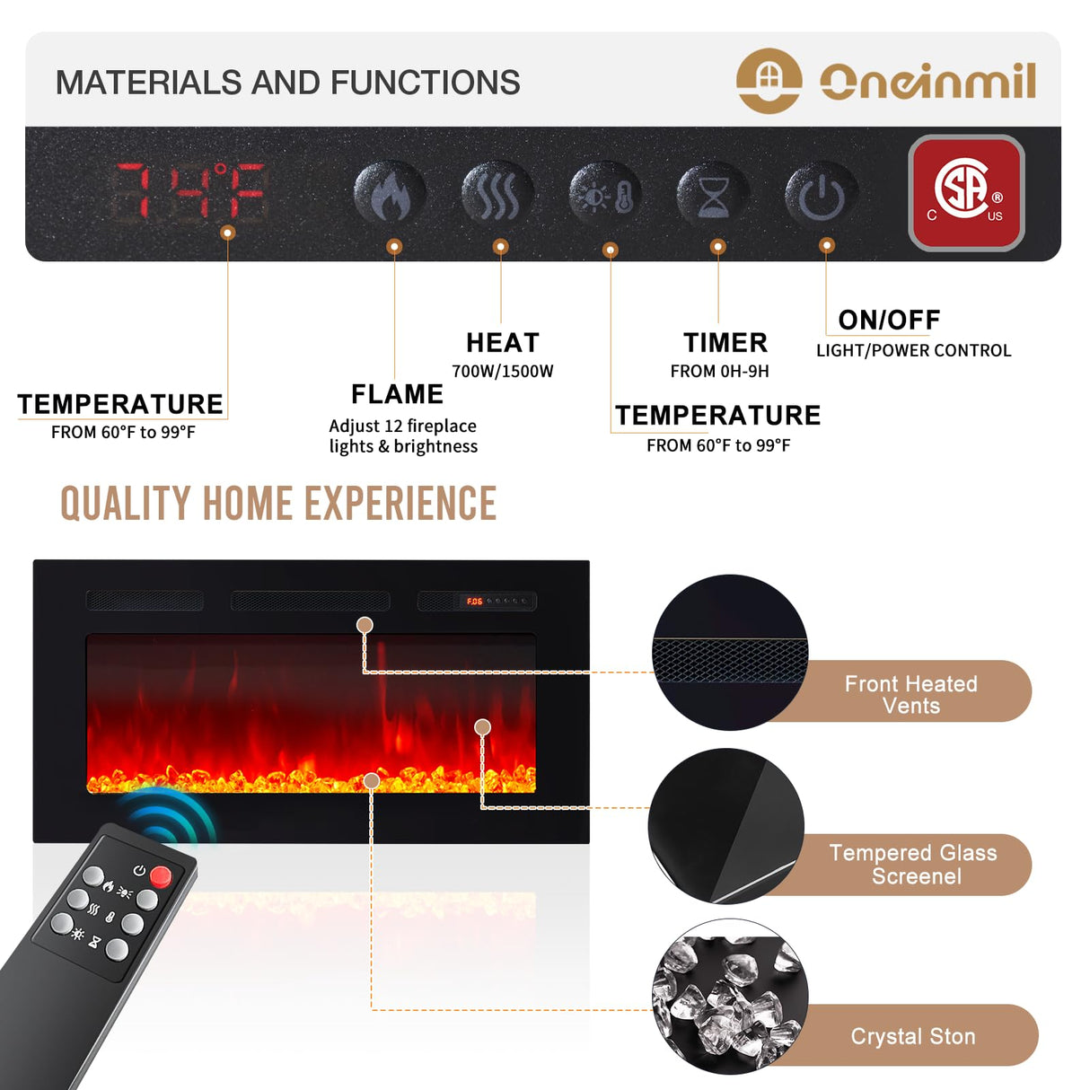 oneinmil Fireplace TV Stand with 36" Electric Fireplace, LED Light Entertainment Center with Modern Wood Texture, Highlight Storage Cabinet for TVs Up to 90", 79 inches, Black oneinmil