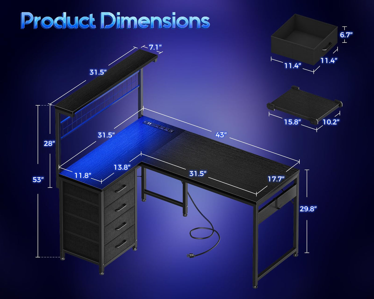 MOTPK L Shaped Gaming Desk with Shelf & 4 Drawers, 43" Reversible Computer Desk with LED Light, Home Office Table with Hutch and Hook, Black MOTPK