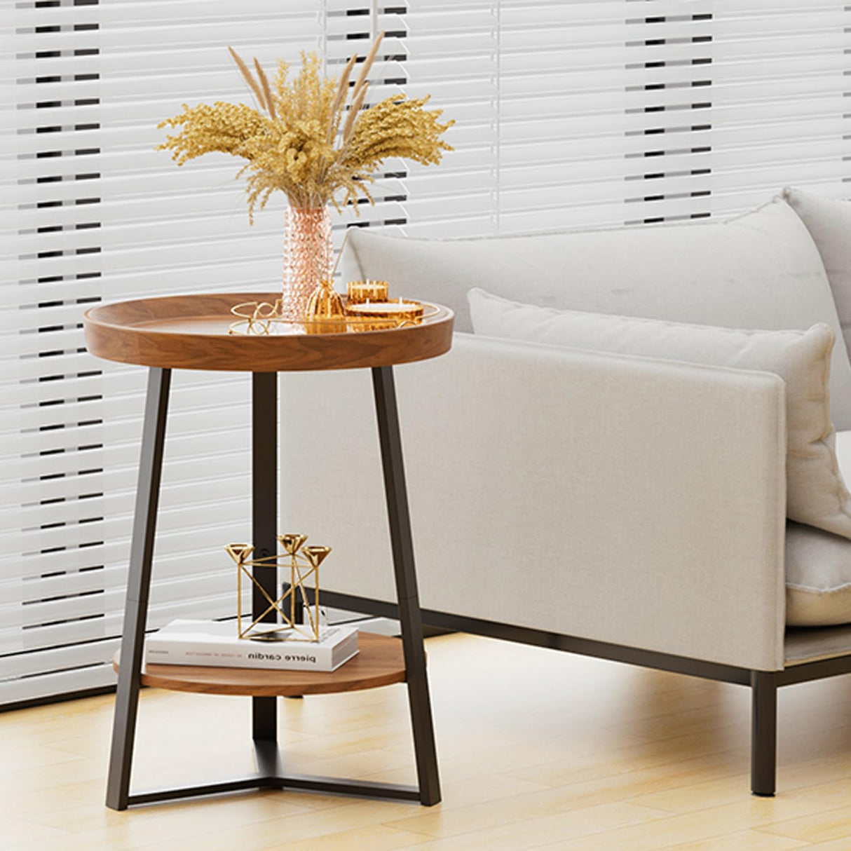 Gadroad Round End Table with Storage Shelf, 2 Tier Farmhouse Side Table Nightstand for Living Room, Bedroom, Wood Tabletop & Black Metal Frame, Brown 15.7 * 15.7 * 23.0inches Gadroad