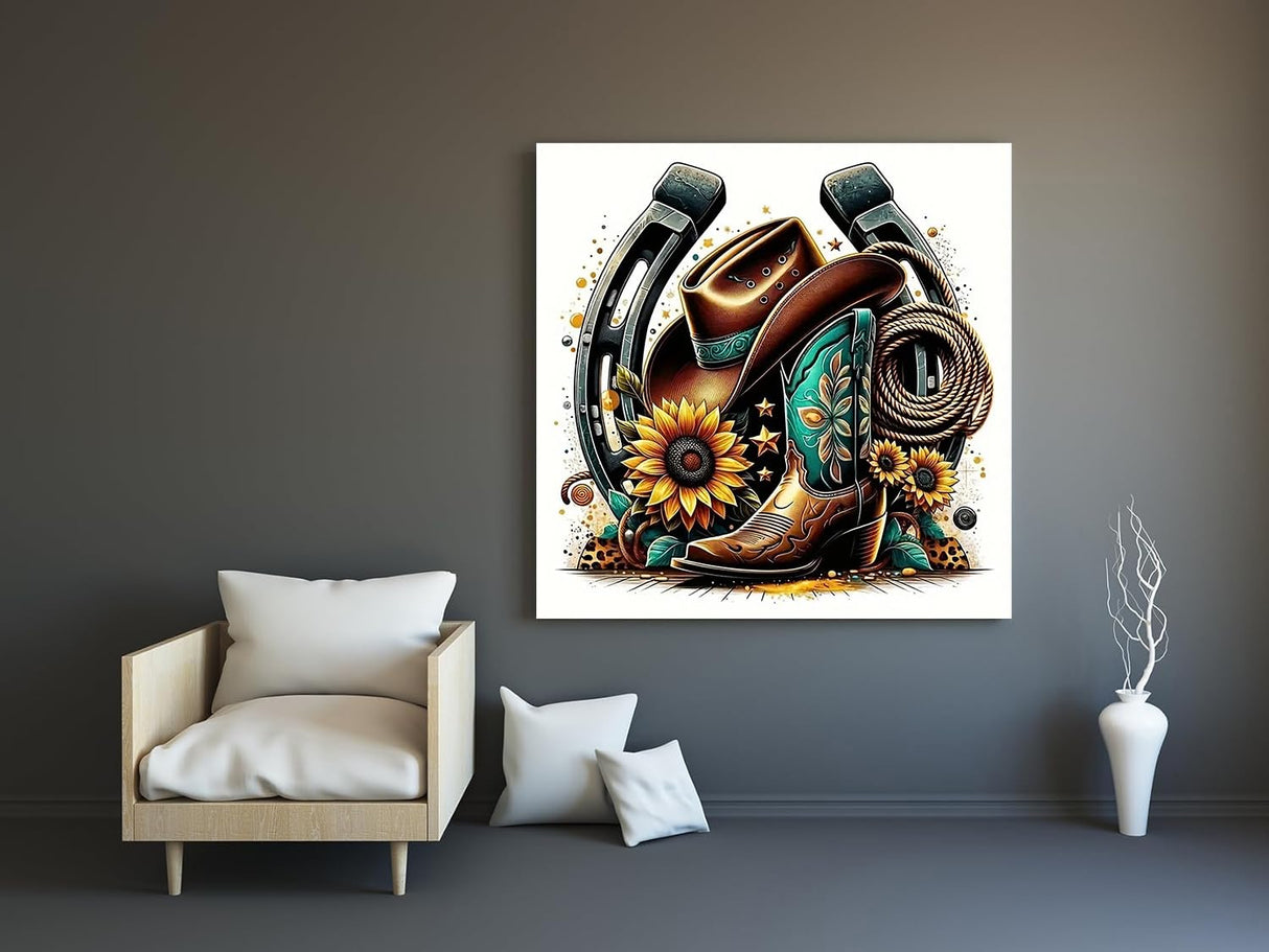 Diamond Art Painting Kits for Adults, Cowboy Hat 5D Diamond Painting Dots Art Kits for Adults Beginner, DIY Full Round Gem Crystal Art Paint by Diamond Boots, Home Wall Decor 14x 14 in BYGFHLYW