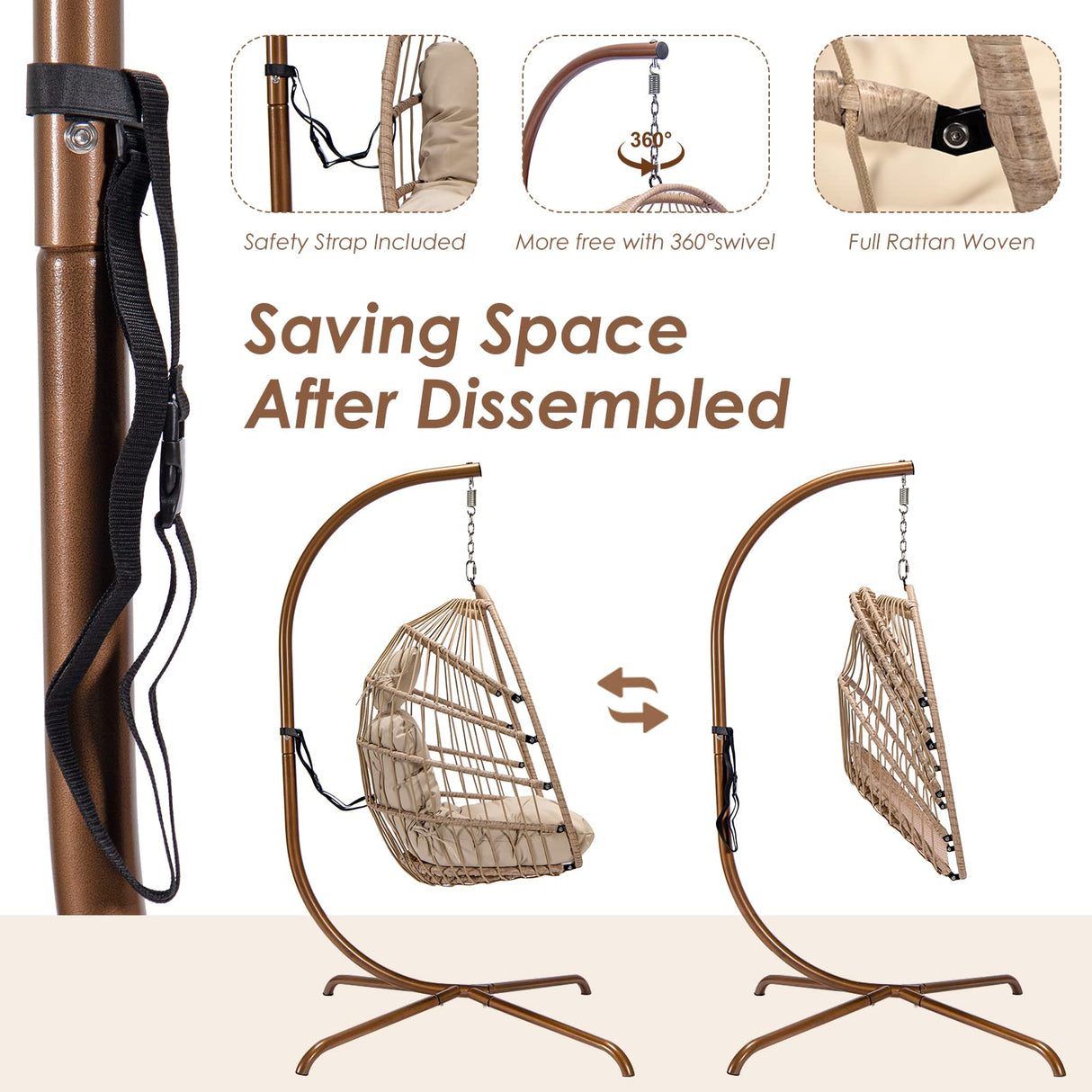 RADIATA Foldable Wicker Rattan Hanging Egg Chair with Stand, Swing Chair with Cushion and Pillow, Lounging Chair for Indoor Outdoor Bedroom Patio Garden (Beige with Stand) RADIATA