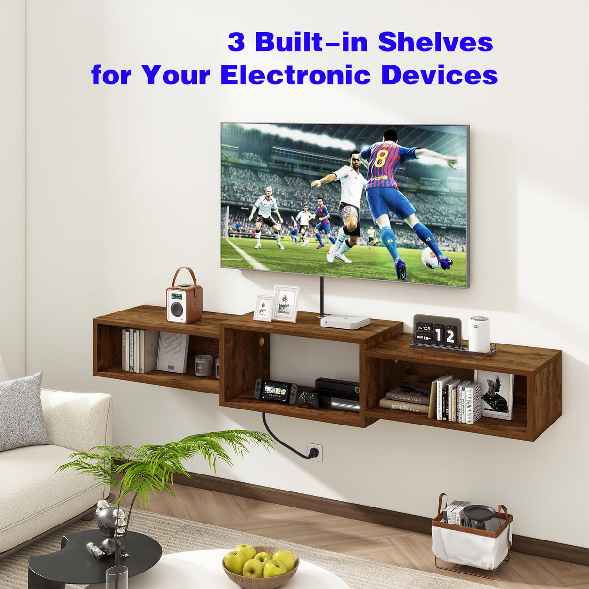 IBUYKE Floating TV Stand Wall Mounted with Power Outlet,Wood Wall Mounted Media Console Shelf,Floating Entertainment Center for Under TV Storage for Living Room Bedroom Office,Rustic Brown WST001H IBUYKE