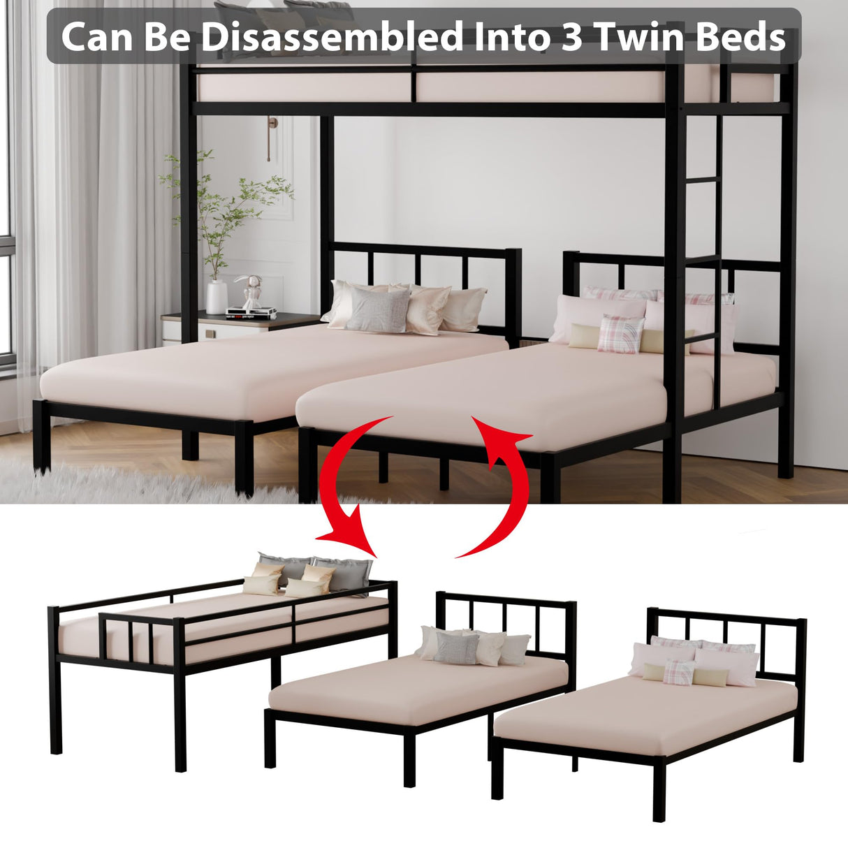 DreamBuck Triple Bunk Bed with Charging Station, Twin Over Twin Over Twin Metal Bunk Bed with Ladder, Guardrail & Storage Shelf, Convertible 3 Bunk Beds for Kids & Adults, Black DreamBuck