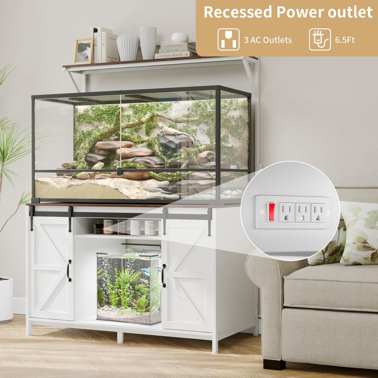 VOWNER Farmhouse Reptile Tank Stand with Power Outlet, 48" X 24" Tabletop Fits up 120 Gallon Bearded Dragon Tank, Heavy Duty Aquarium Stand with Storage Cabinet, Reptile Turtle Terrarium Stand White VOWNER