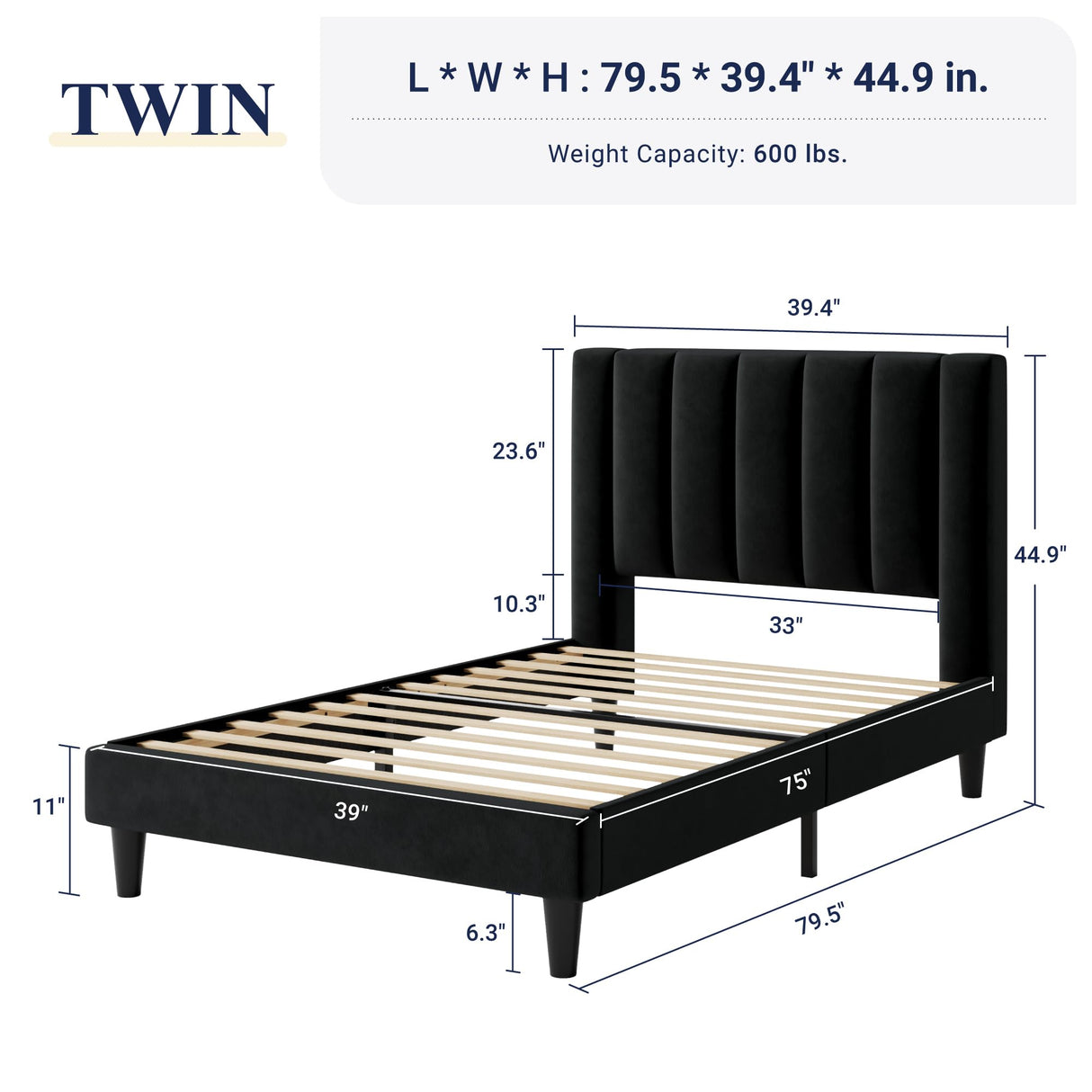 Allewie Twin Bed Frame/Velvet Upholstered Bed Frame with Vertical Channel Tufted Headboard/Strong Wooden Slats/Platform Bed Frame/Mattress Foundation/Box Spring Optional/Easy Assembly/Black Allewie