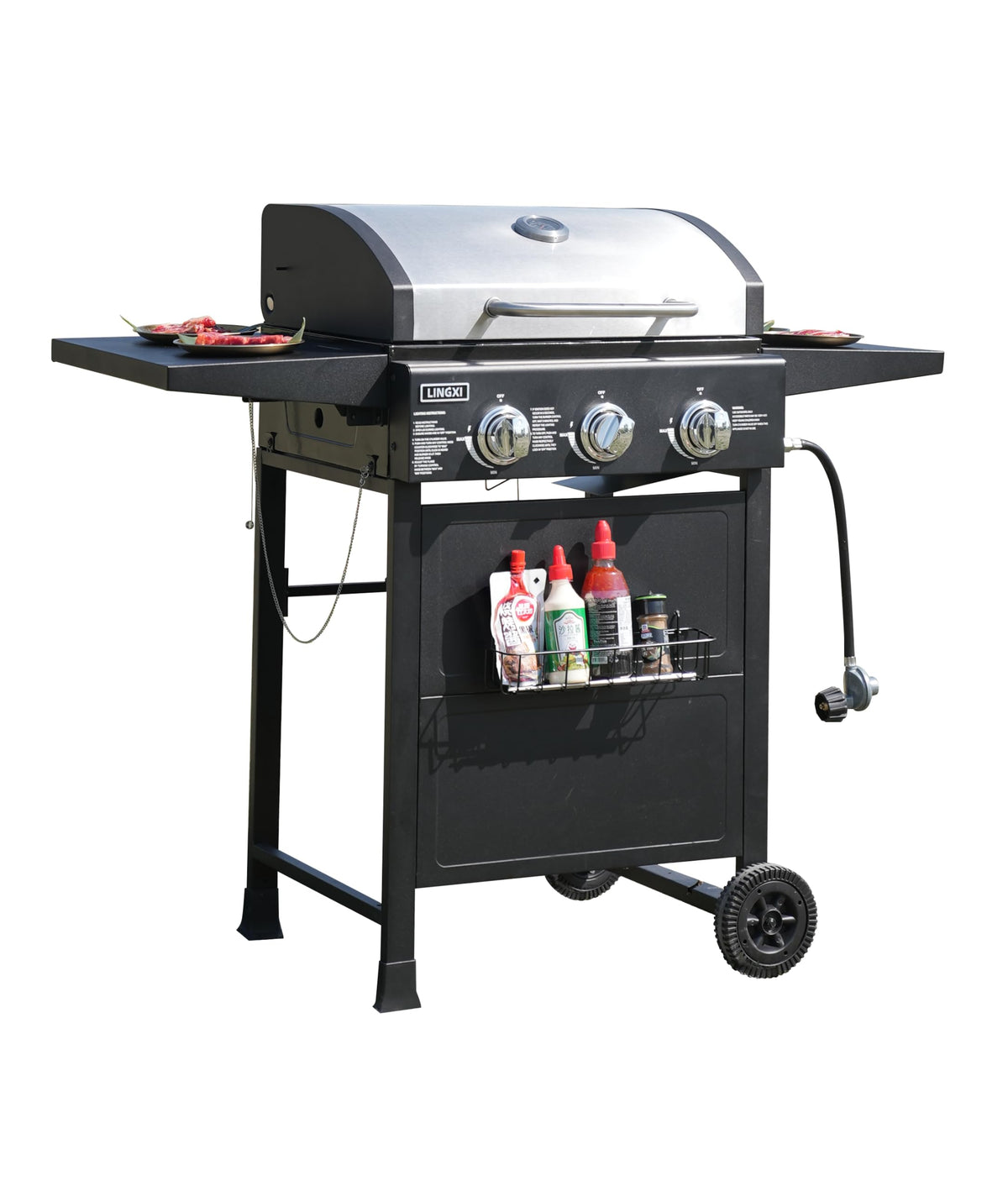 LINGXI grill gas 3-Burner Propane Grill, Gas Grill with front hanging basket, 30000 BTU barbecue grill,gas bbq suitable for Backyard, Outdoor, Patio, Garden.Outside grill. LINGXI