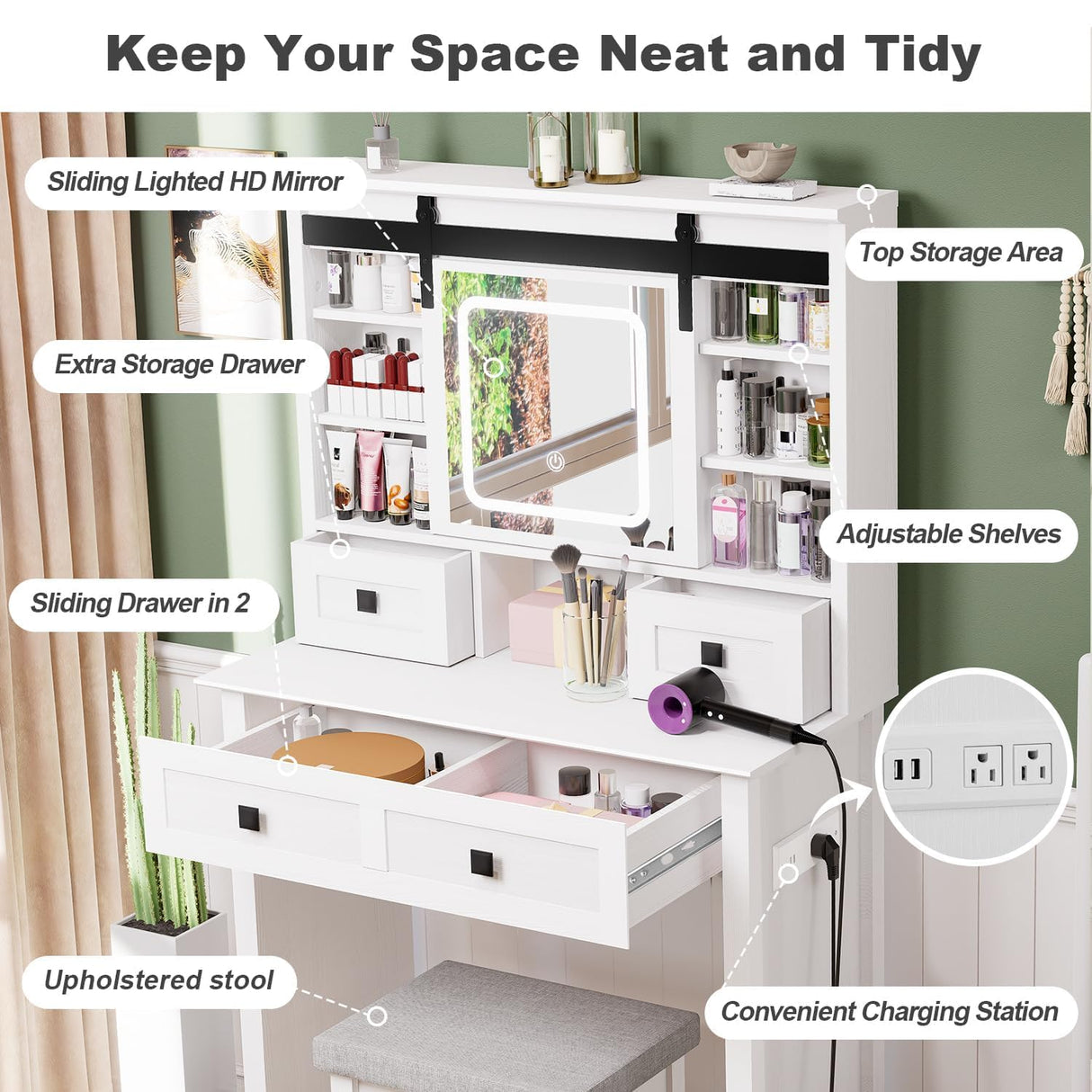 MECHYIN Farmhouse Makeup Vanity Desk with Sliding Mirror, Vanity Set with Stool & Charging Station & 3 Brightness Lights, Ample Storage, Dressing Table for Women Girls Bedroom, White MECHYIN