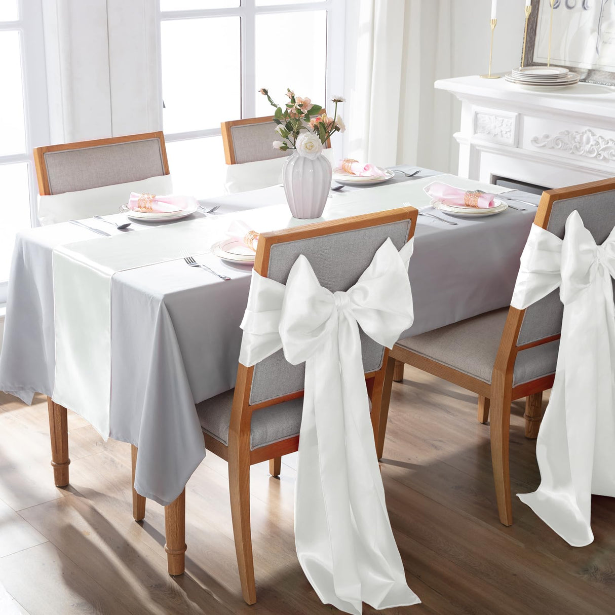 12 Pack White Table Runners 12 x 108 Inch, Rectangular Smooth Satin Silk Table Runner for Wedding, Banquet, Birthday Party Decoration KKJIAF