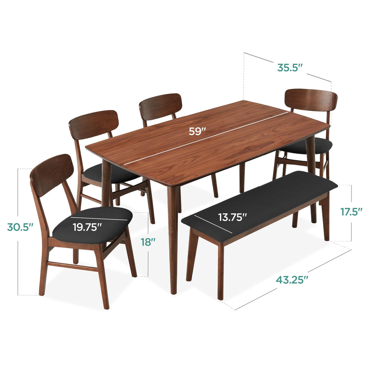 Best Choice Products 6-Piece Wooden Dining Set, Mid-Century Modern Table & Upholstered Chair Set w/Bench Seat, Rubberwood Legs - Walnut/Charcoal Best Choice Products
