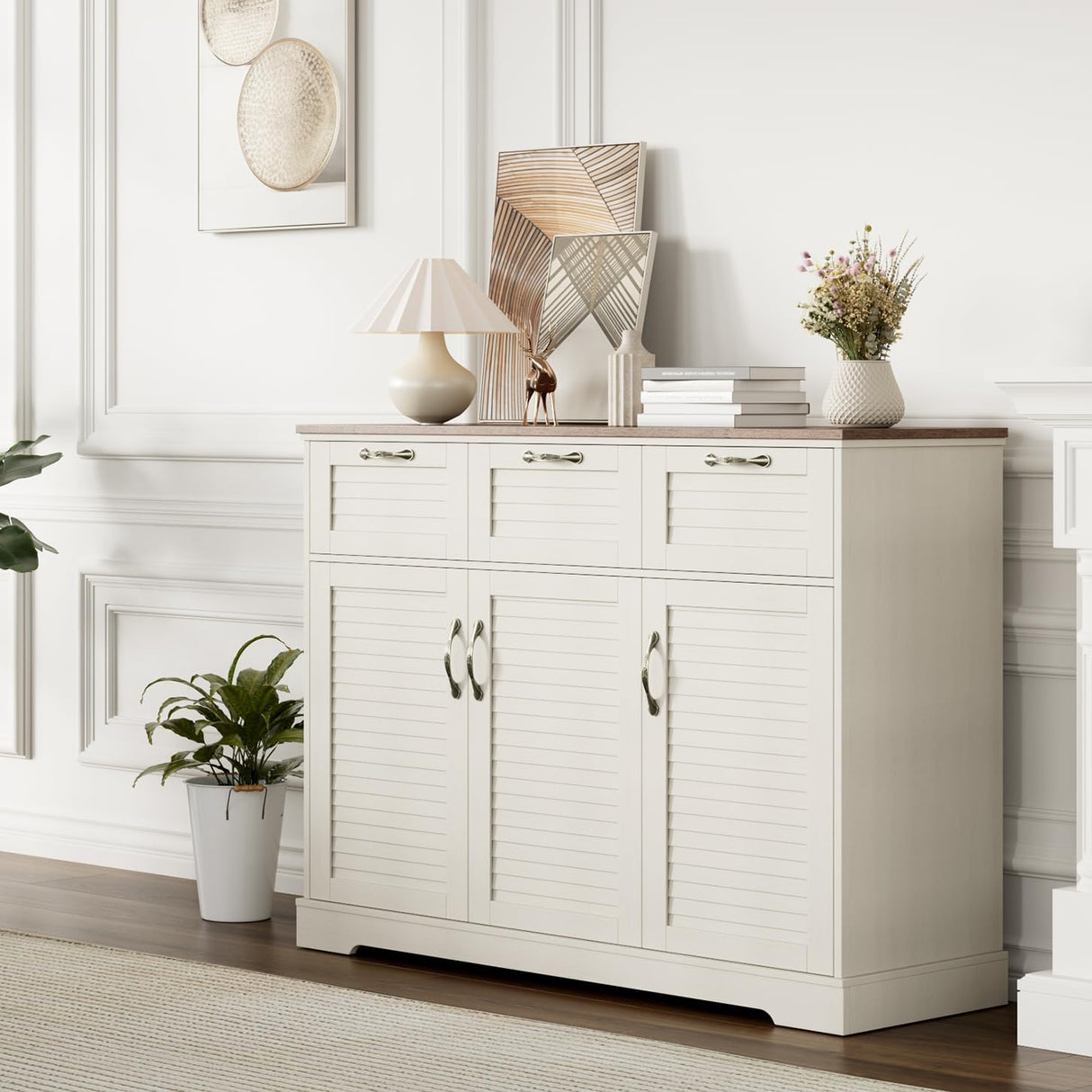 Kitchen Sideboard Buffet Cabinet with Storage, 15.7"D x 47.2"W x 35.1"H, Buffet Server Bar with 3 Shutter Doors and 3 Drawers for Wine, Coffee, Bar for Living Room, Dining Room, White Oak Keyluv