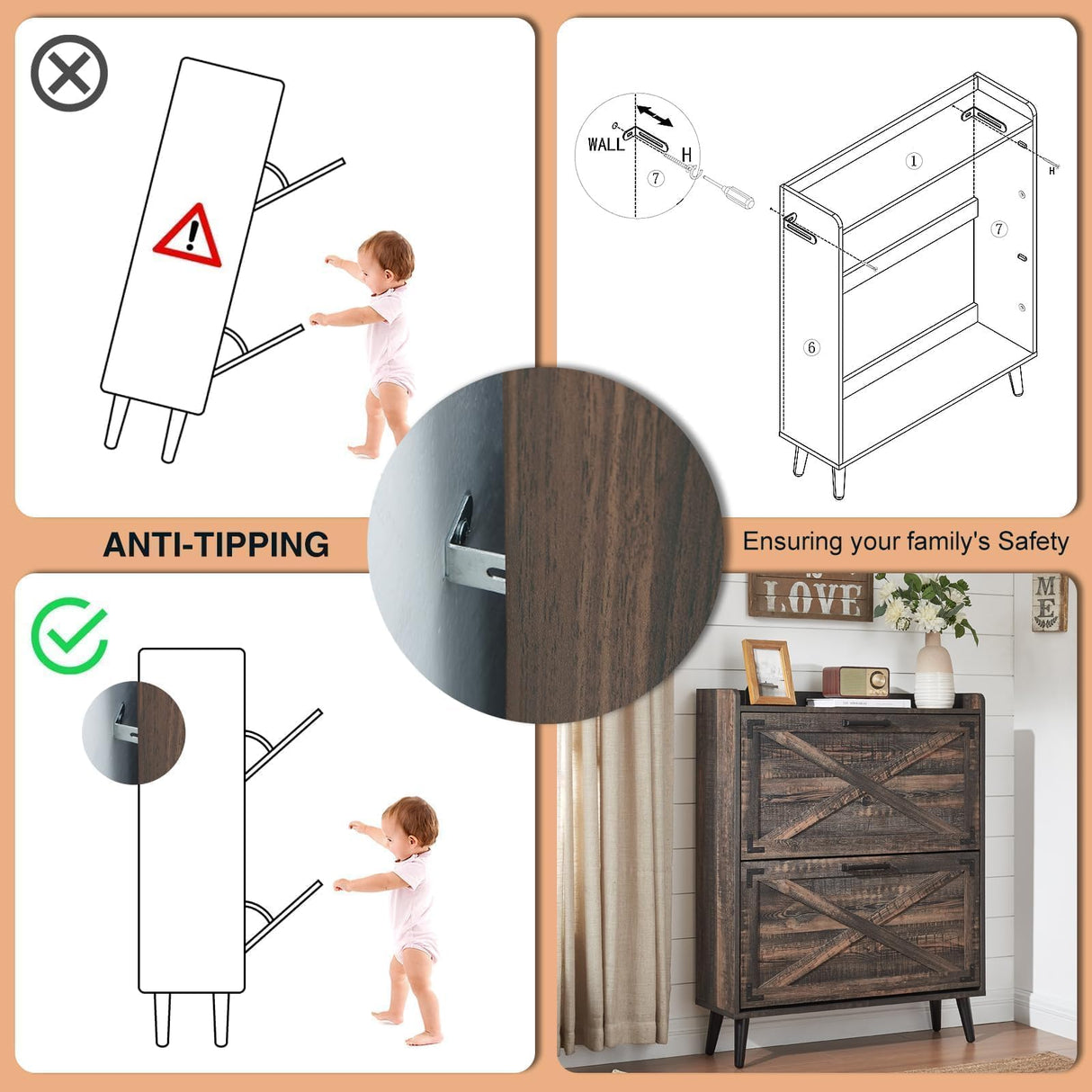 Barnyatoh Shoe Storage Cabinet,Farmhouse Shoe Organizer with 2 Flip Drawers & Barn Door Design,Freestanding Hidden Slim Narrow Shoe Rack Cabinet for Entryway,Foyer,Hallway,Dark Oak Barnyatoh