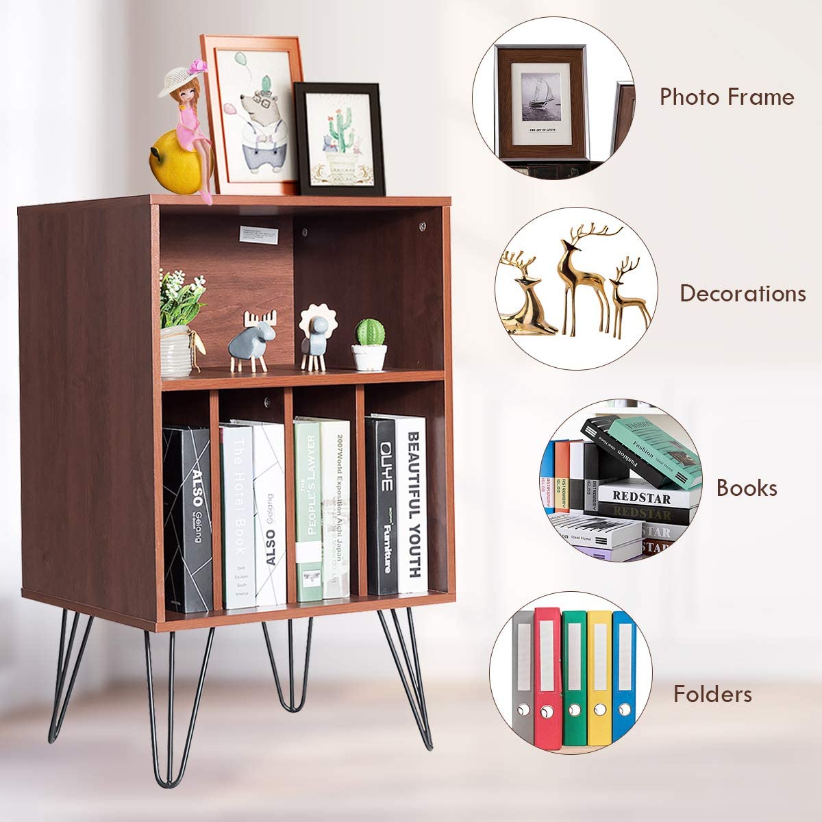 Giantex Record Player Stand, Turntable Stand Holds up to 150 Albums, Mid-Century Vinyl Storage Cabinet Table with Metal Legs, Record Player Holder End Table for Bedroom Living Room, Brown Giantex