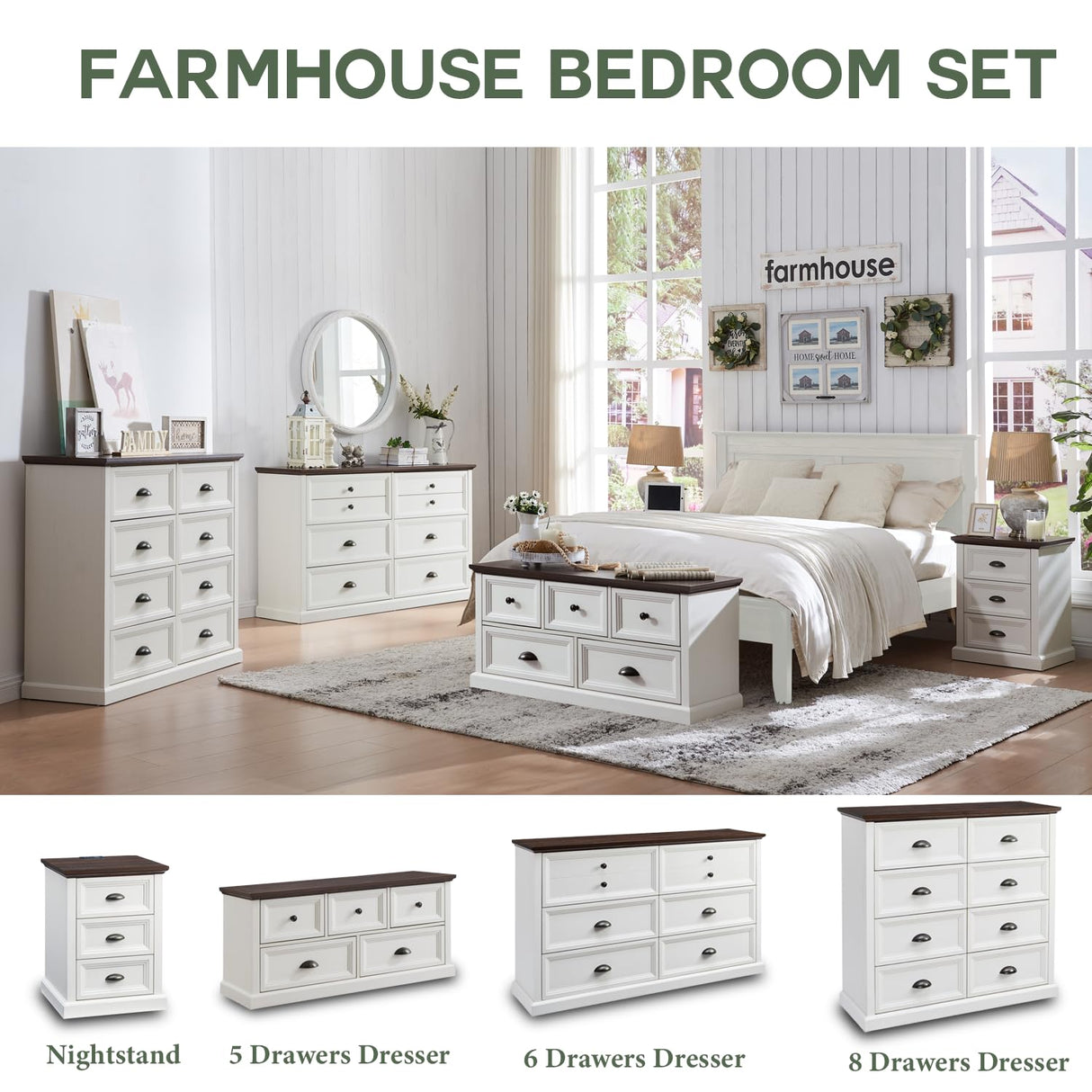 IFGET Farmhouse 8 Drawer Dresser for Bedroom, Tall Chest of Drawers, Chest of Drawers Organizer Storage, Wood Rustic Bedroom Dresser for Closet, Living Room, Hallway, White IFGET