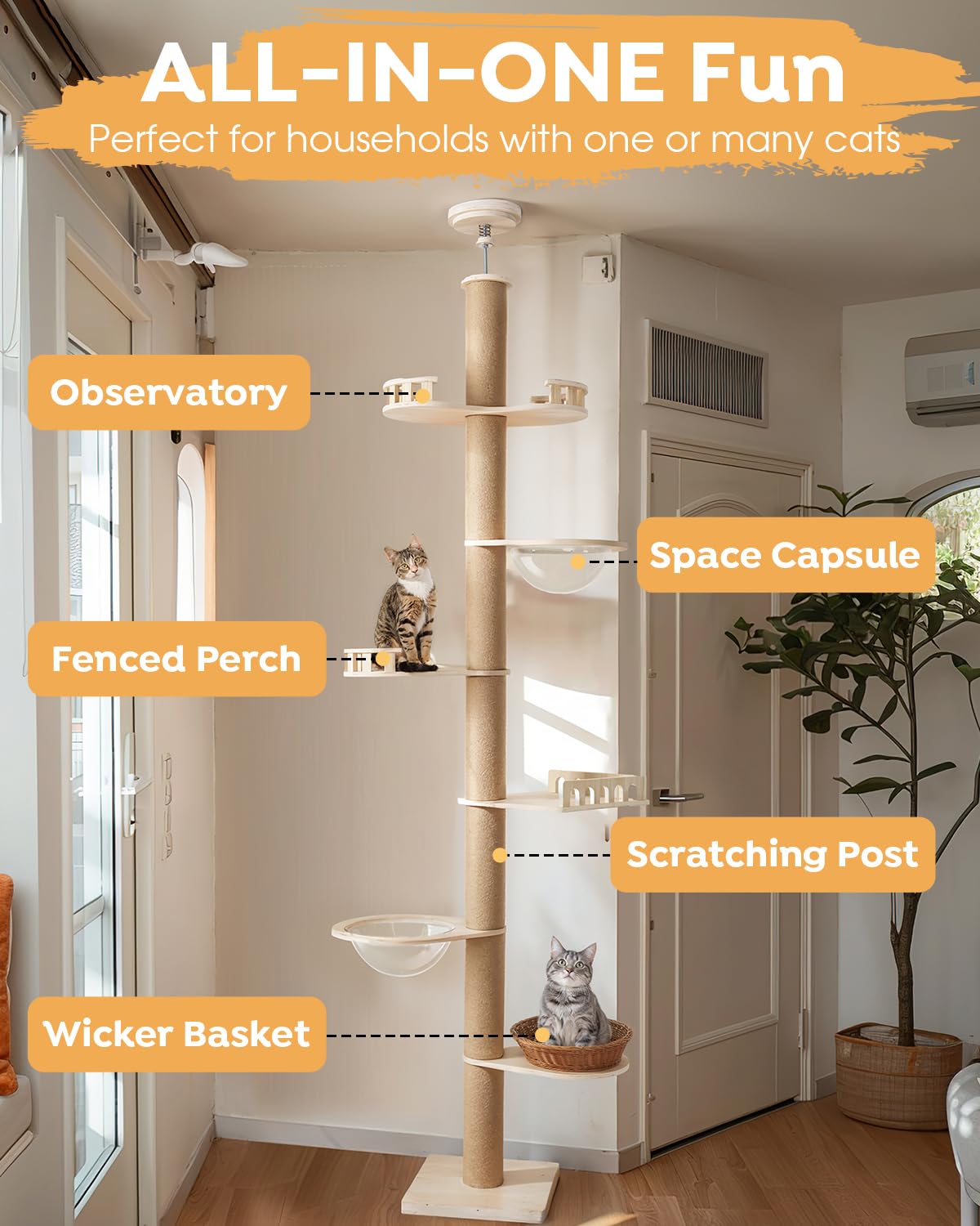 Veehoo Cat Tree Floor to Ceiling-Cat Tower Ajustable Height(106-123 Inches)-Tall Cat Tree with 4.3" Thickened Post, Large Cat Tree Tower for Indoor Cats Veehoo