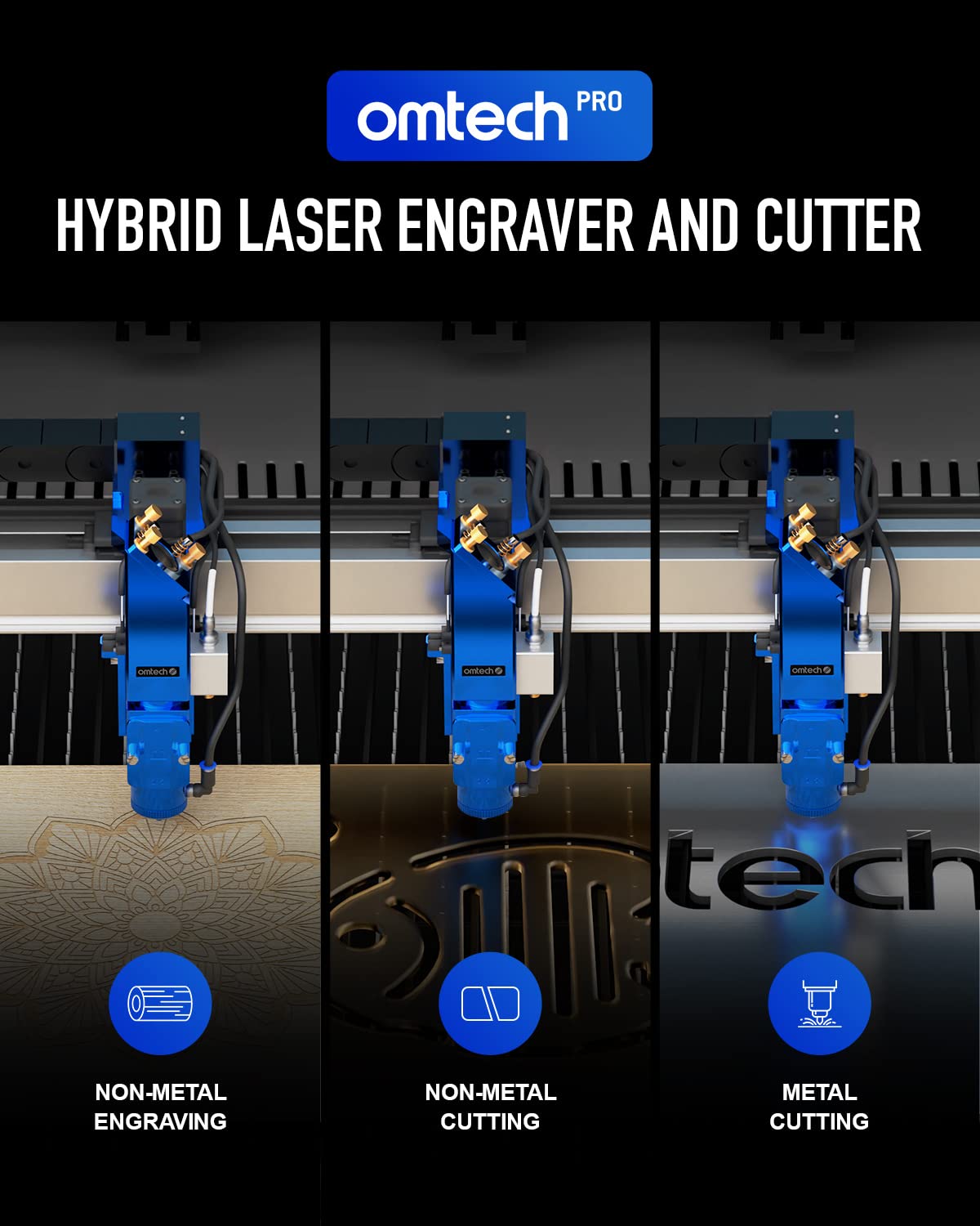 OMTech Pro 150W Hybrid Laser Machine, 34x54 Laser Cutter and Engraver Machine for Metal Acrylic Wood Cutting, Laser Engraver Machine with Autofocus and 4 Way Pass Through Doors, Windows Compatible OMTech