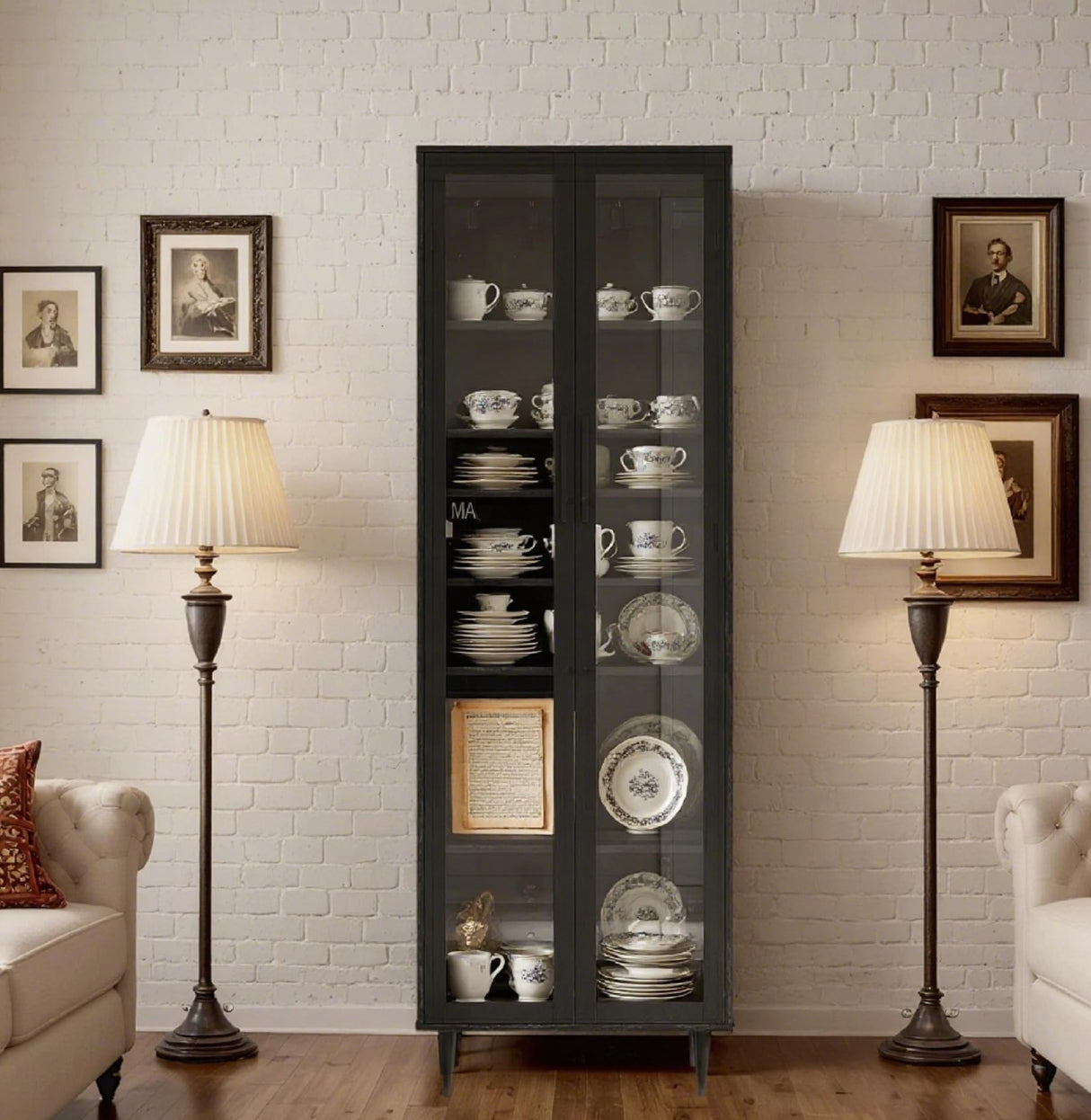 TUSY 70.9“ H Display Cabinet with Glass Doors, 5-Tier Curio Cabinet, Narrow Display Bookcase for Home, Office, Clinic, Pantry (Black) TUSY