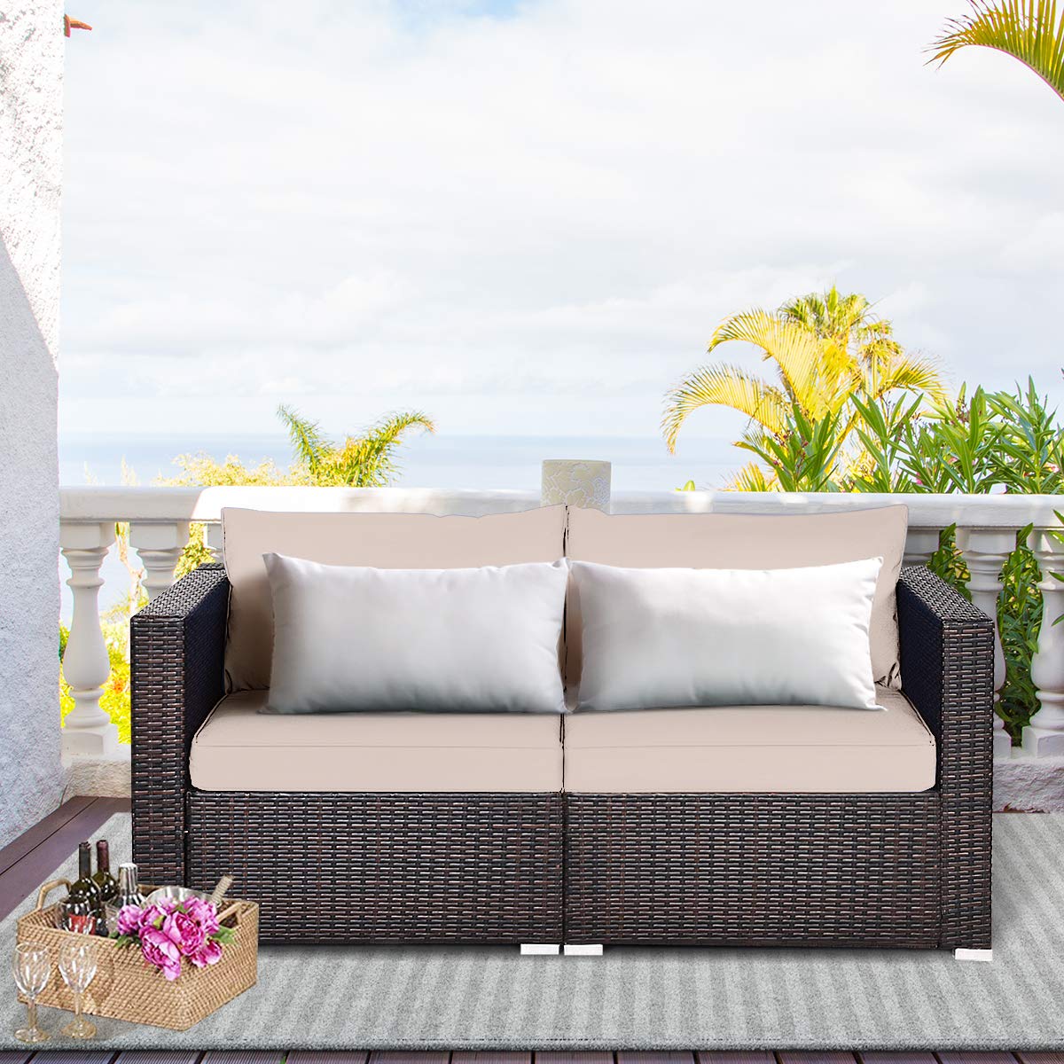 Tangkula Wicker Loveseat 2 Piece, Patio Furniture Couch with Removable Cushions, Rattan Loveseat Sofa for Balcony, Deck, Garden and Poolside Tangkula