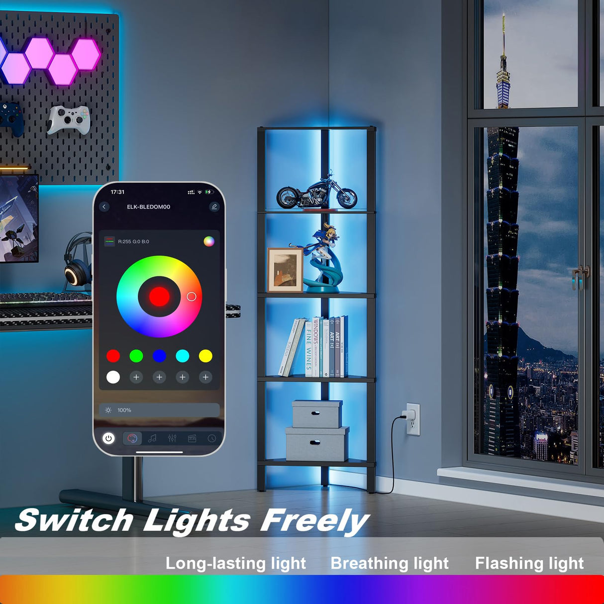 TUTOTAK Corner Shelf with LED Light, 5-Tier Corner Bookshelf for Small Space, Narrow Display Corner Shelf Stand with Storage Rack, for Living Room, Bedroom, Black BS05BK005L TUTOTAK