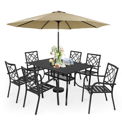 SUNCROWN 7-Piece Outdoor Wrought Iron Chairs and Table Patio Dining Furniture Set - 6 Stackable Metal Chairs, 1 Steel Slat Bistro Table and 1 Brown 9Ft Patio Umbrella for Garden Backyard Deck