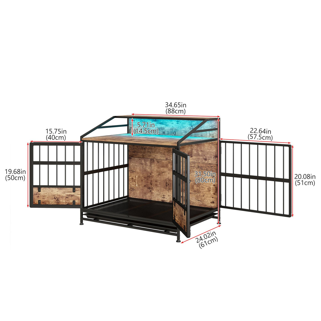Maliacife Dog Crate Furniture with Led Lights,Heavy Duty Wooden Dog Kennel with Double Doors,Dog House Indoor for Small Medium Dogs,End Table with Shelves,Black and Brown(34.65" L×24.02W×31.5" H) Maliacife
