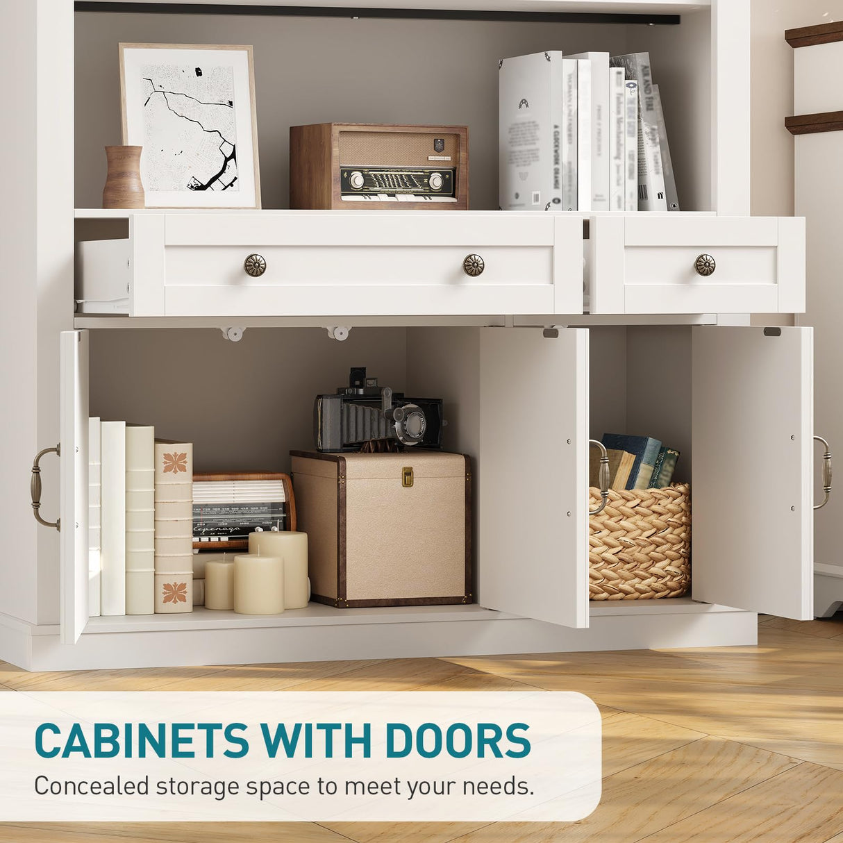 RALGEND 73.2" Tall Farmhouse Arched Bookshelf with Drawer and Door, 6 Tier Mid Century Modern Book Shelf and Bookcase with Storage, Floor Standing Display Cabinet for Living Room, Home Office, White RALGEND