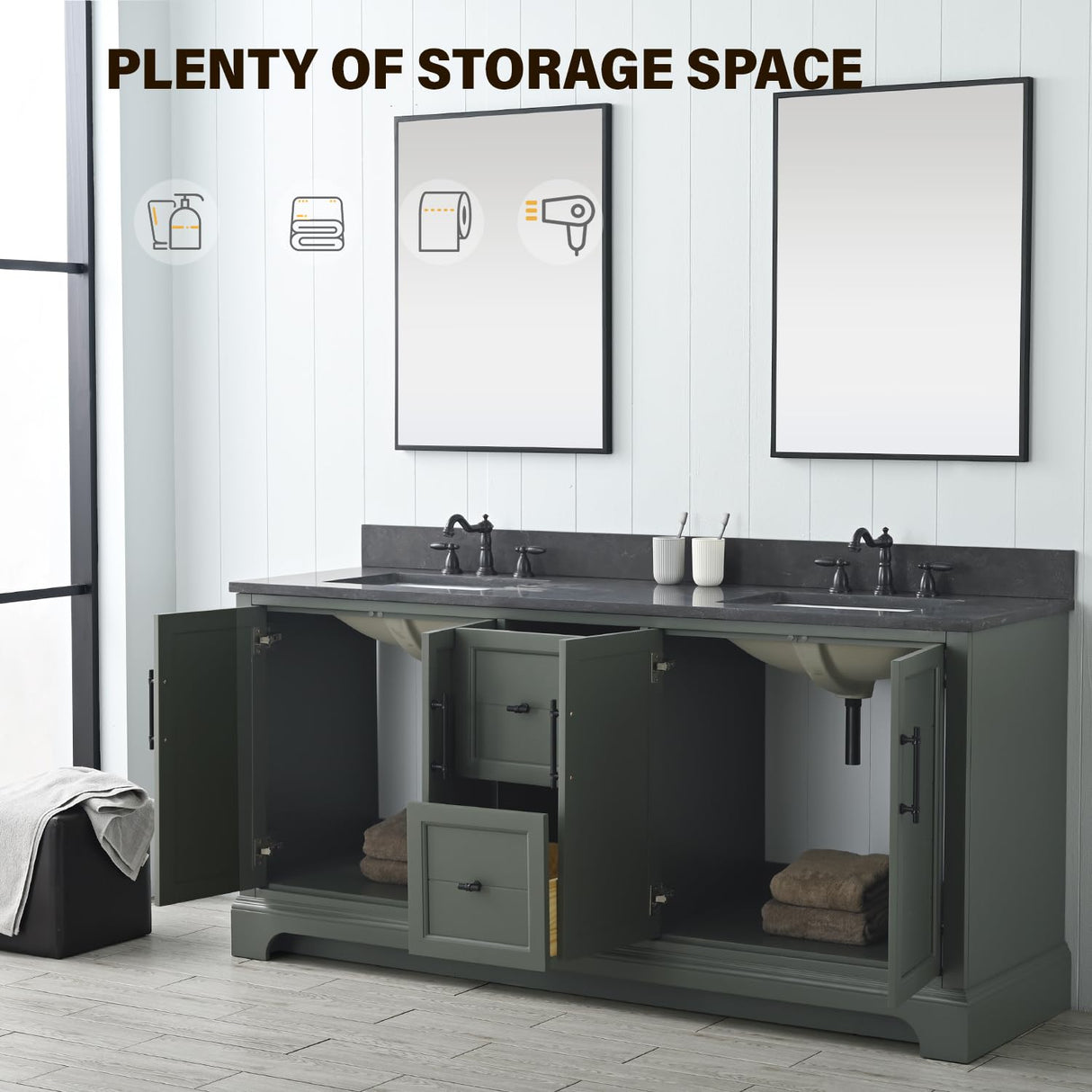 Vanity Art 72 Inch Double Sink Bathroom Vanity with Ceramic Sink and Stone Top | Undermount Rectangular Cabinet with Soft Closing Doors, Dovetailed Drawers, No Mirror VA5072-DVG Vanity Art