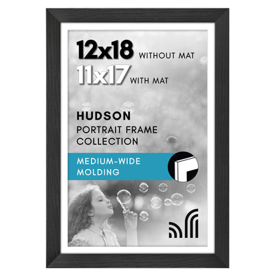 Americanflat 12x18 Poster Frame with Shatter-Resistant Glass - Use as 11x17 Frame with Mat or 12x18 Frame Without Mat - Hudson Collection - Wide Photo Frame for Wall display - Black